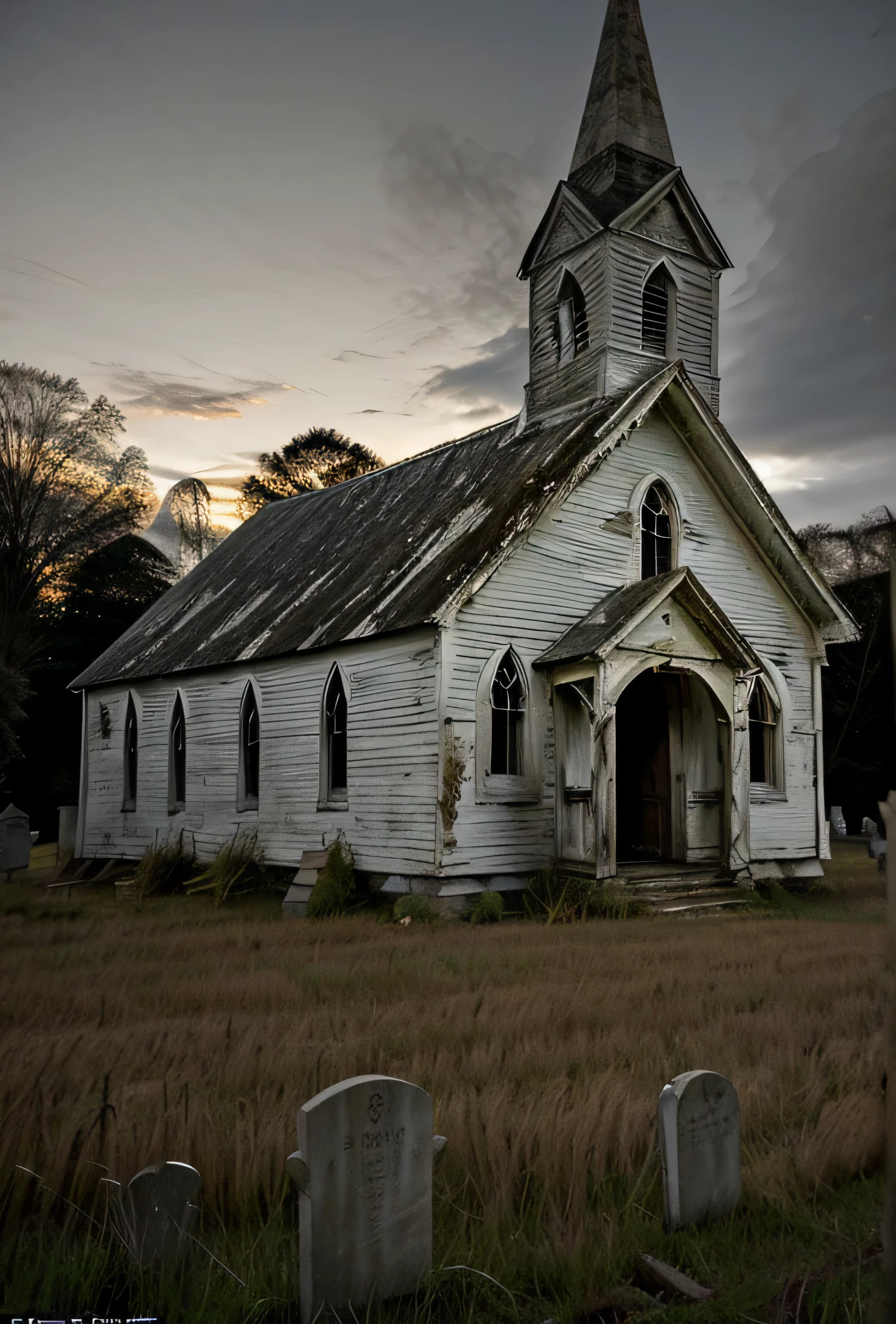 andrew wythe style, very old neglected church, white wood siding, deteriorated, out in a field, graveyard, night time