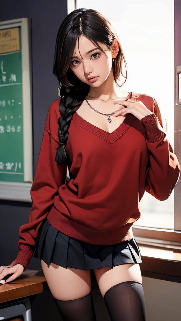 1 girl、A beautiful girl with braided black hair stares at me.、embarrassed look、baby face、Idol level cuteness、slender、flat chest、Decolletage、Glossy skin、Skin peeking out from the chest of the brown sweater、red pleated skirt、necklace、black knee highs、In the school classroom、anatomically correct、precise fingers、Accurate Limbuster Piece、Photography Reality、

