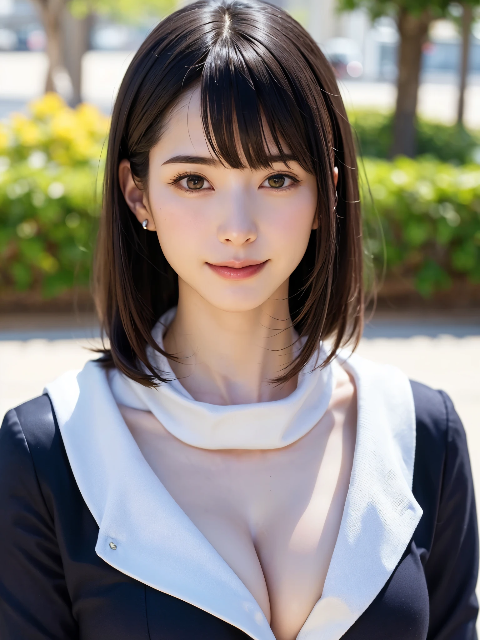 (masterpiece, highest quality),1 girl, alone, scarf, have, realistic, realistic, looking at the viewer, light colored black eyes, Brunette short bob hair with highly detailed shiny hair, Winter clothes, Whity, lips, bangs, outdoor, closed mouth, Upper body、Big eyes、eyelash、((There'There'There'There'There'There'There's really no background、really pure white background))、(((bangsのあるショートヘア、Big eyes、big and full chest、look at the audience、beautiful beauty、show me your ears、long neck、smile、please close your mouth and smile)))、ideal body proportions、(Tree-lined avenues in the winter wilderness of England)、{Huge|big|Hugeな|mega} chest, cleavage