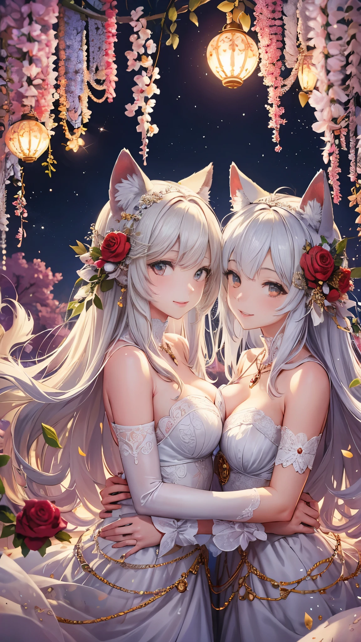 Two beautiful brides, kemono, furry, very detailed body fur, Cute white caravan with white and red roses, diamonds, lots of fairy lights, bunting, balloons, pretty, beautiful, vivid colors, Intricate, Highly detailed, Warm lighting, Sharp focus, beautiful starry sky, perfect composition, extreme camera angle,
