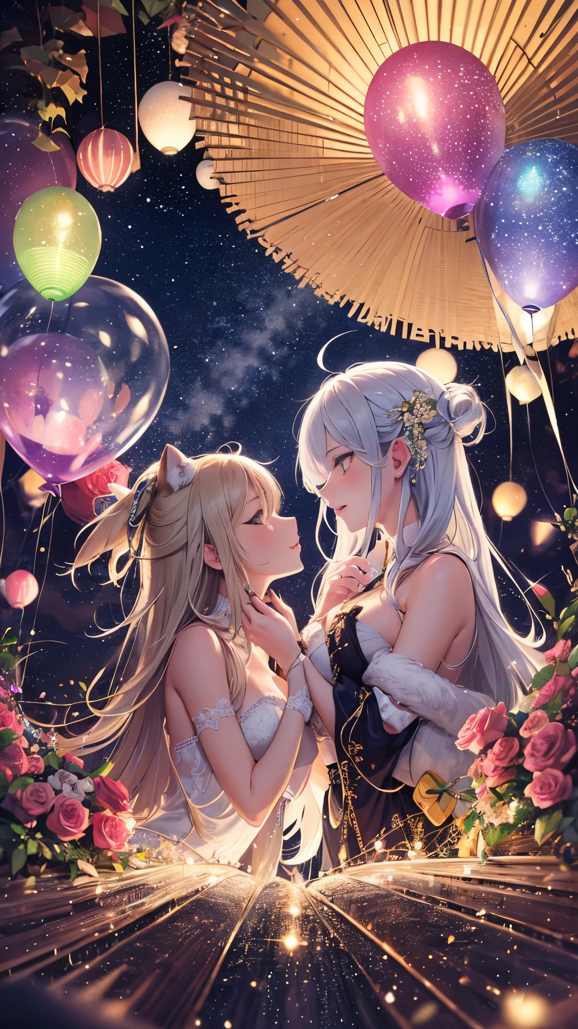 Two beautiful brides, kemono, furry, very detailed body fur, Cute white caravan with white and red roses, diamonds, lots of fairy lights, bunting, balloons, pretty, beautiful, vivid colors, Intricate, Highly detailed, Warm lighting, Sharp focus, beautiful starry sky, perfect composition, extreme camera angle,