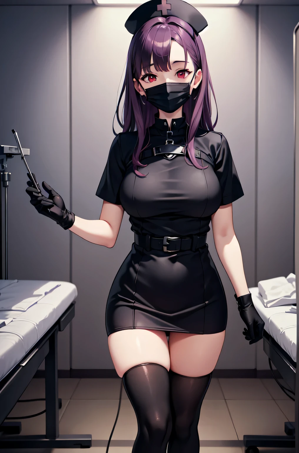 black nurse, 1woman, solo, black nurse cap, black nurse uniform, ((black legwear, zettai ryouiki)), black elbow gloves, long hair, purple hair, red eyes, ((black surgical mask, covered nose)), standing, ((surgery room)), sharp outline, short sleeves, mature female, 35 years old, best quality, masterpiece