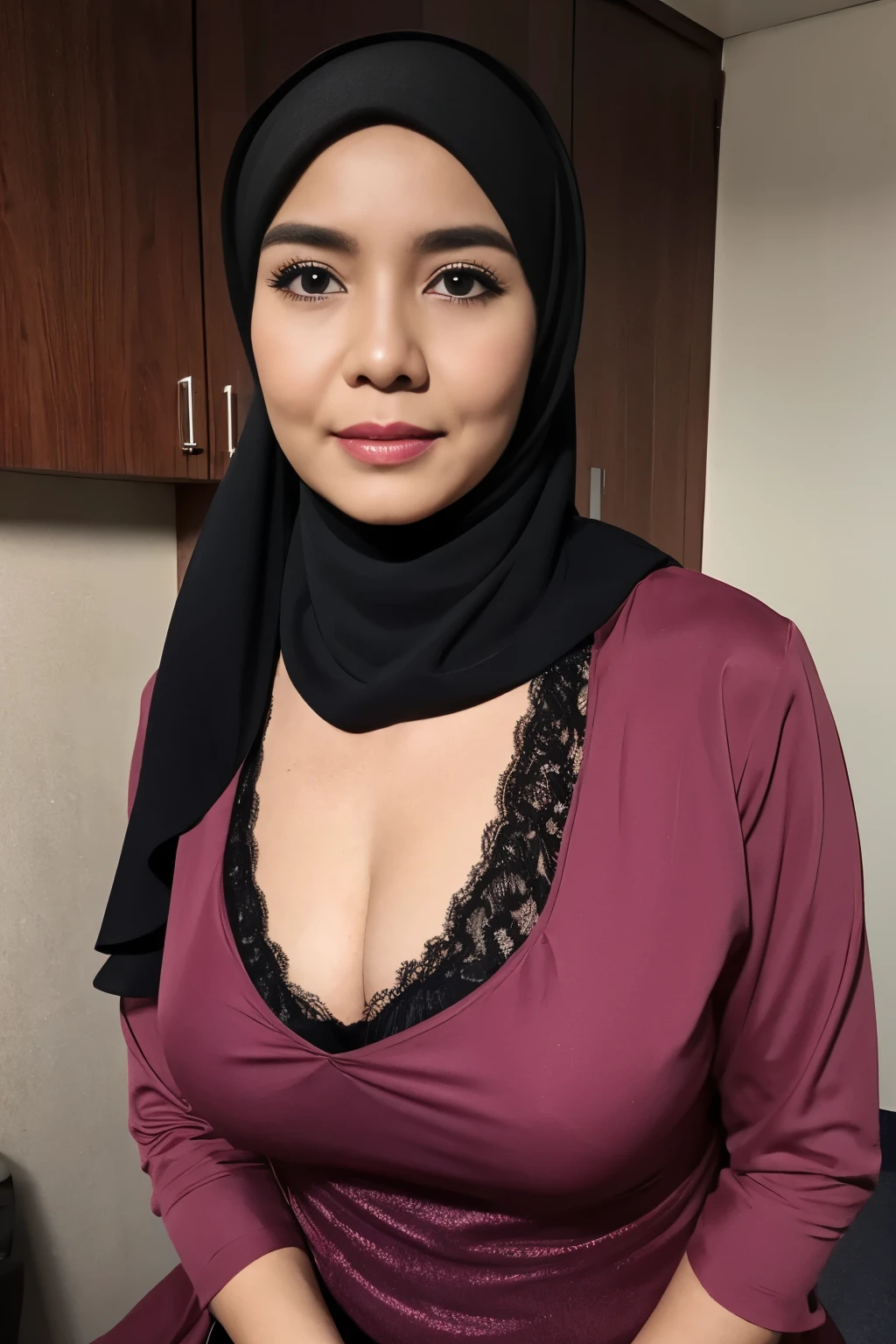 (HIJAB), 56 years Old, Indonesian mature woman, Big  : 43.9, Gamis, breast about To burst out from her clothes, at doctor office, Dark light, at Nighttime, wearing lingerie 