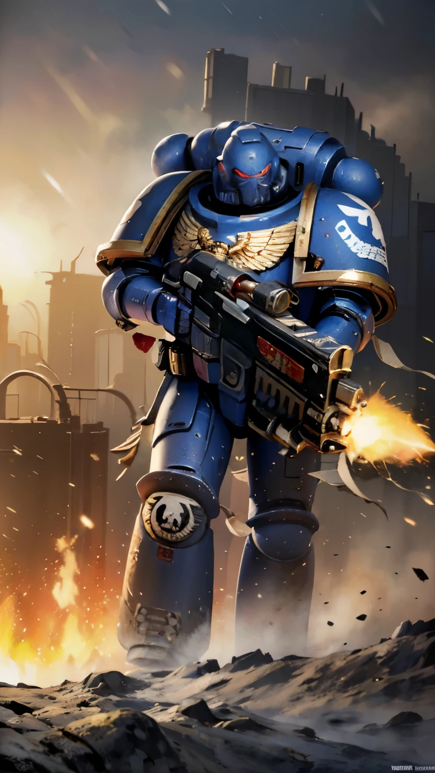 A light-blue and white space marine troop, in an ice plain, during a snowstorm, light-blue and white armor, Strong suit , dramatic light, space marine, light blue armor, fighting pose, snowstorm, snow mountains in the background, a dreadnout in the background, space marine mask, chainsaw sword, strong man, masterpiece, space marine,(Epic armor, metal reflections), hdr, best quality, uhd, 8k resolution, best light, realistic, detailed background, detailed face, detailed hands, full body, (city ruins)(open field surrounded by fire), (alien planet), (spaceships flying in the sky) (white armor highlights) high detailed mask, Warhammer Adeptus, Adeptus Mask