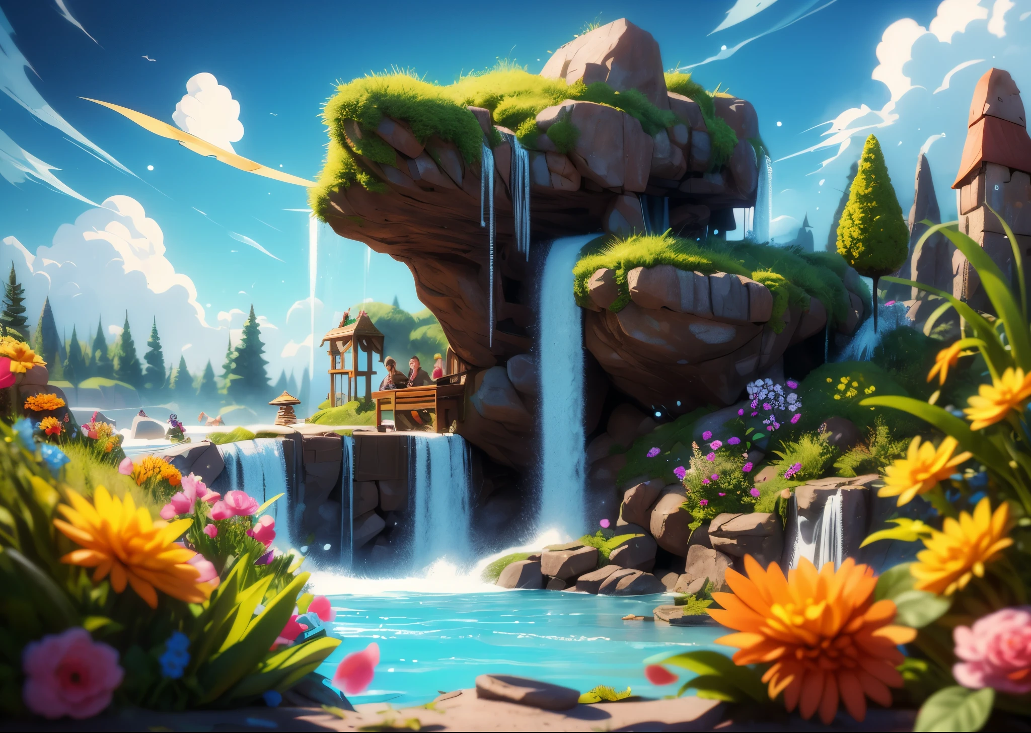 masterpiece, 最high quality, high quality, very detailed CG wallpaper unit 8k, landscape, outdoor, flower, cloud, Day, there are no humans, Plain color, landscape, colorful flowers, water, wood, waterfall, , nature, lake, river, Bokeh, Depth of the bounds written, HDR, flower, chromatic aberration, realistic, very detailed, art station trends, Trends in CG society, Complex, high detail, dramatic, art through travel