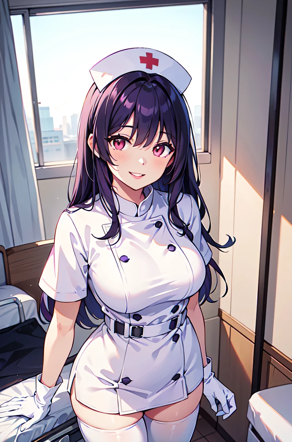 1woman, solo, nurse, white nurse cap, white nurse uniform, ((white legwear, zettai ryouiki)), white gloves, long hair, purple hair, red eyes, pink lips, smile, standing, ((hospital room)), sharp outline, short sleeves, mature female, 35 years old, best quality, masterpiece