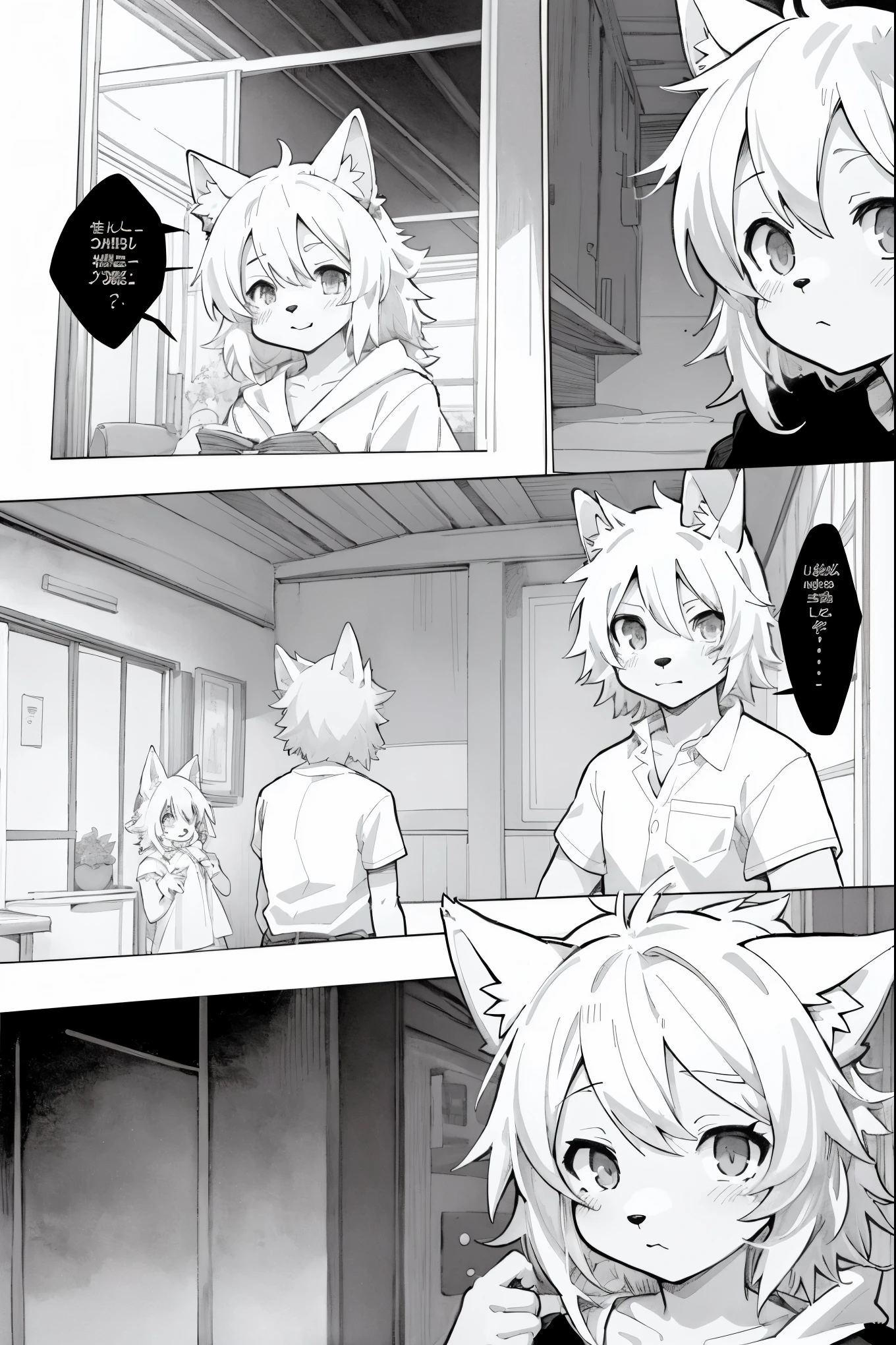 top quality, best quality, highres, unparalleled masterpiece, perfect artwork, paid reward available, indoor, couple of comics(super cute 1girl, 1wolf, kemono, furry anthro)tumblr, sosaku hanga, black and white manga page, manga page, doujin, ddlc, anime, comedy comic, black and white manga panel, zerochan,