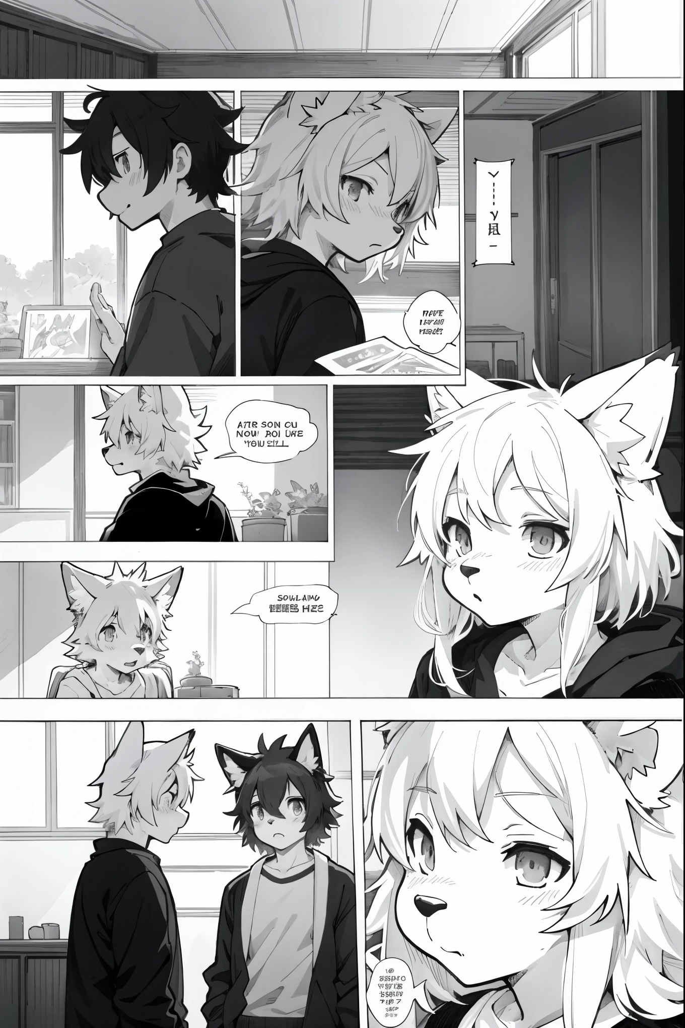 top quality, best quality, highres, unparalleled masterpiece, perfect artwork, paid reward available, indoor, couple of comics(super cute 1girl, 1wolf, kemono, furry anthro)tumblr, sosaku hanga, black and white manga page, manga page, doujin, ddlc, anime, comedy comic, black and white manga panel, zerochan,