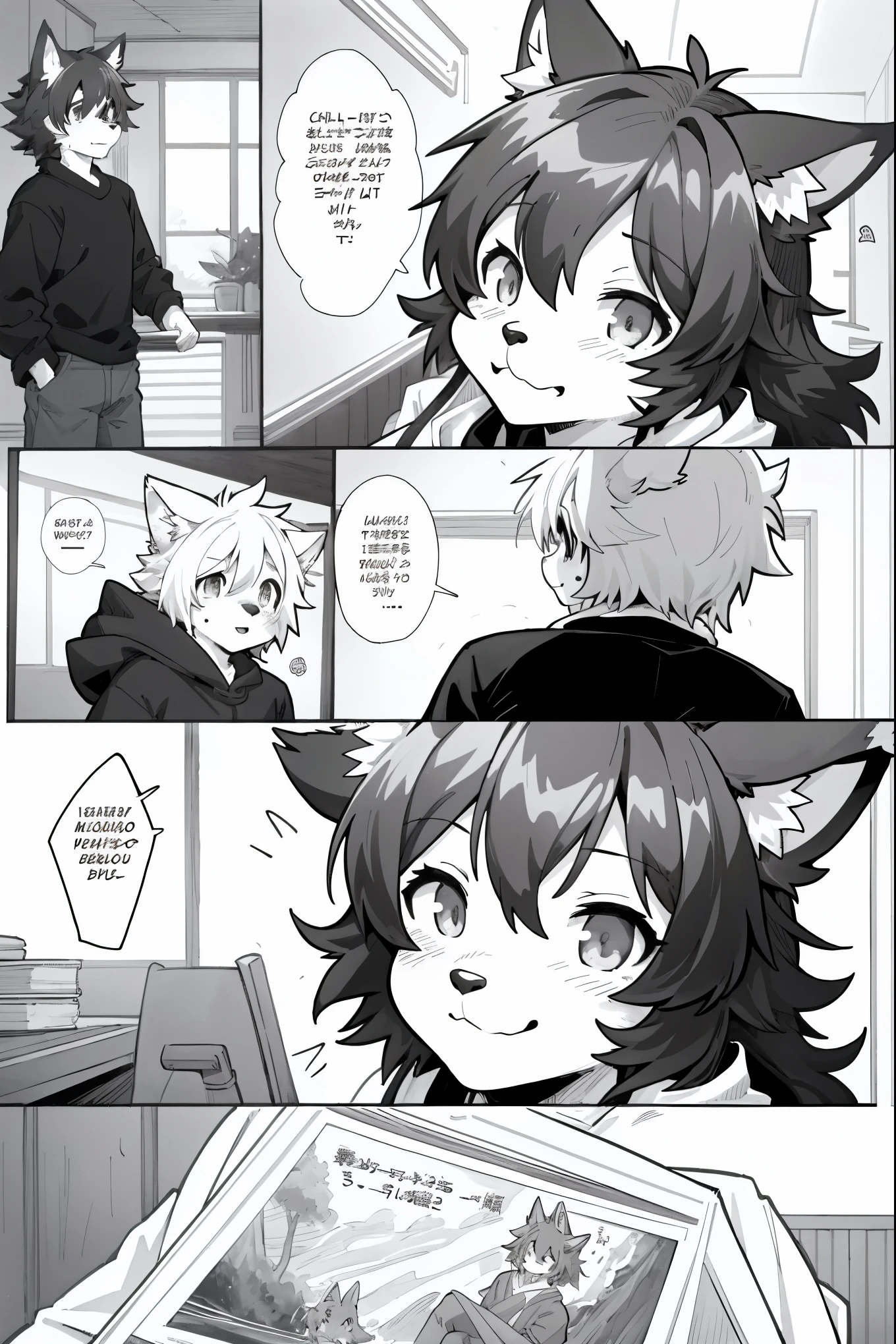 top quality, best quality, highres, unparalleled masterpiece, perfect artwork, paid reward available, indoor, couple of comics(super cute 1girl, 1wolf, kemono, furry anthro)tumblr, sosaku hanga, black and white manga page, manga page, doujin, ddlc, anime, comedy comic, black and white manga panel, zerochan,