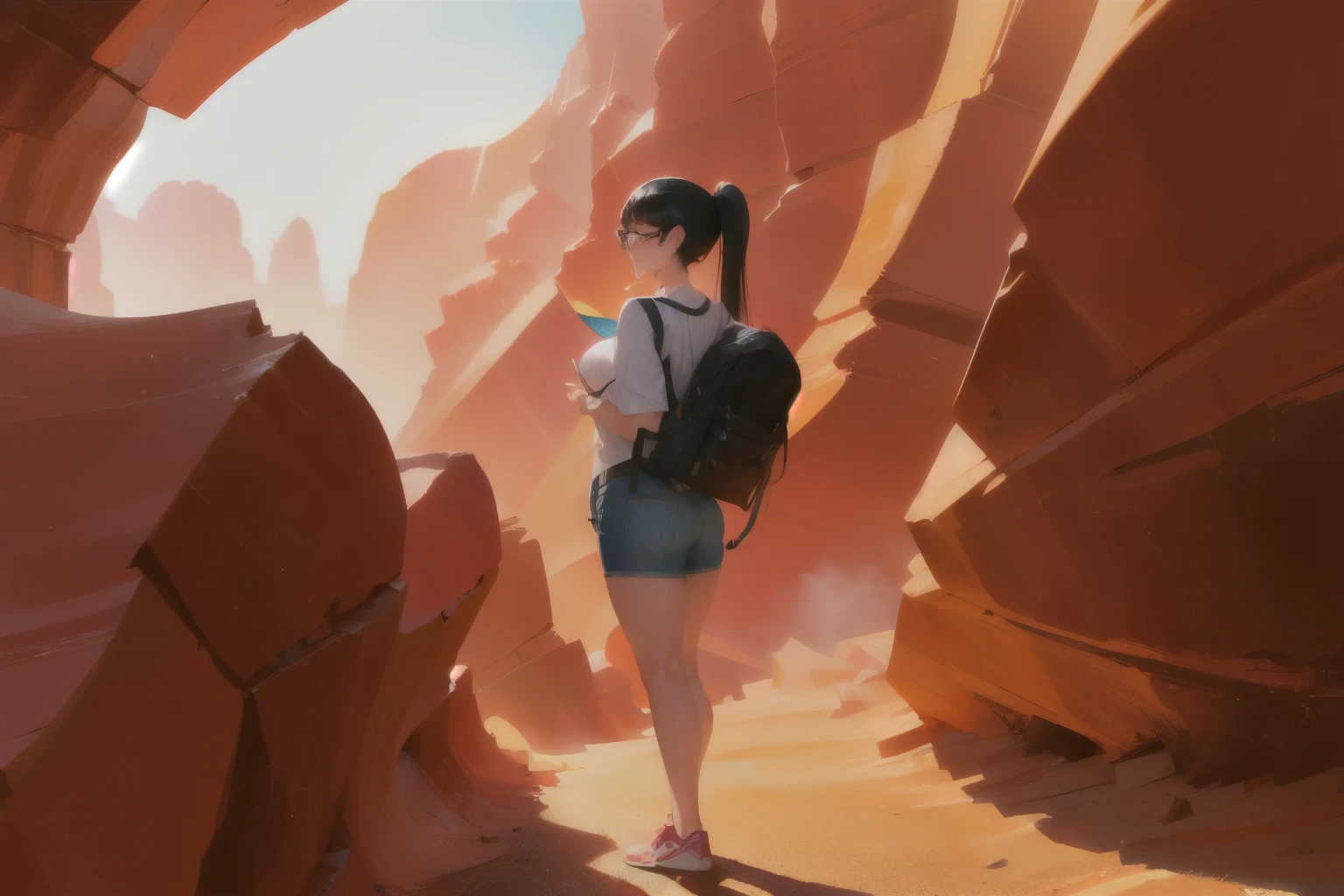 ((wide angle, full body image)) beautiful female tourist, black hair, ponytail, bangs, wearing large glasses, smirk, ((wearing a Backpacker style outfit)), morning light, Antelope Canyon