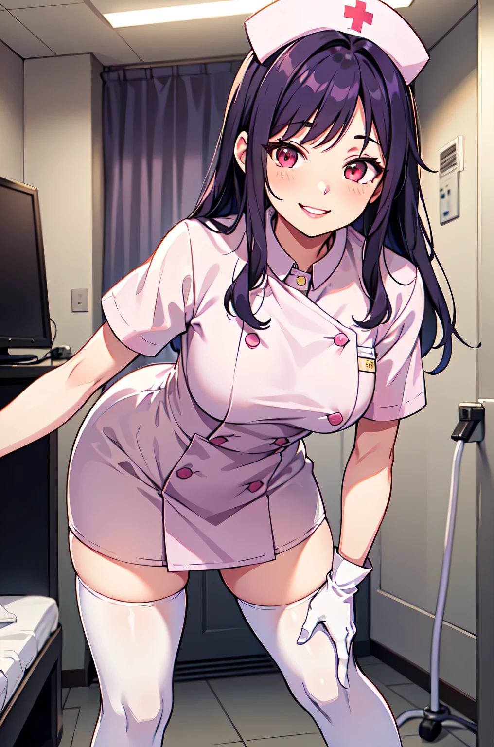 1woman, solo, nurse, white nurse cap, white nurse uniform, ((white legwear, zettai ryouiki)), white gloves, long hair, purple hair, red eyes, pink lips, smile, standing, ((hospital room)), sharp outline, short sleeves, mature female, 35 years old, best quality, masterpiece
