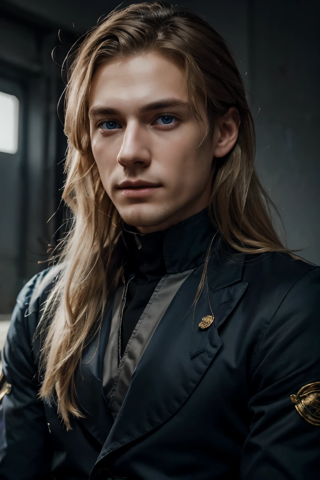 Detailed CG Unity 8K Wallpapers,masutepiece, Best Quality, Ultra-detailed), a beautiful 25-year-old man with dark-blond hair, blue eyes and pale skin, masculine posture