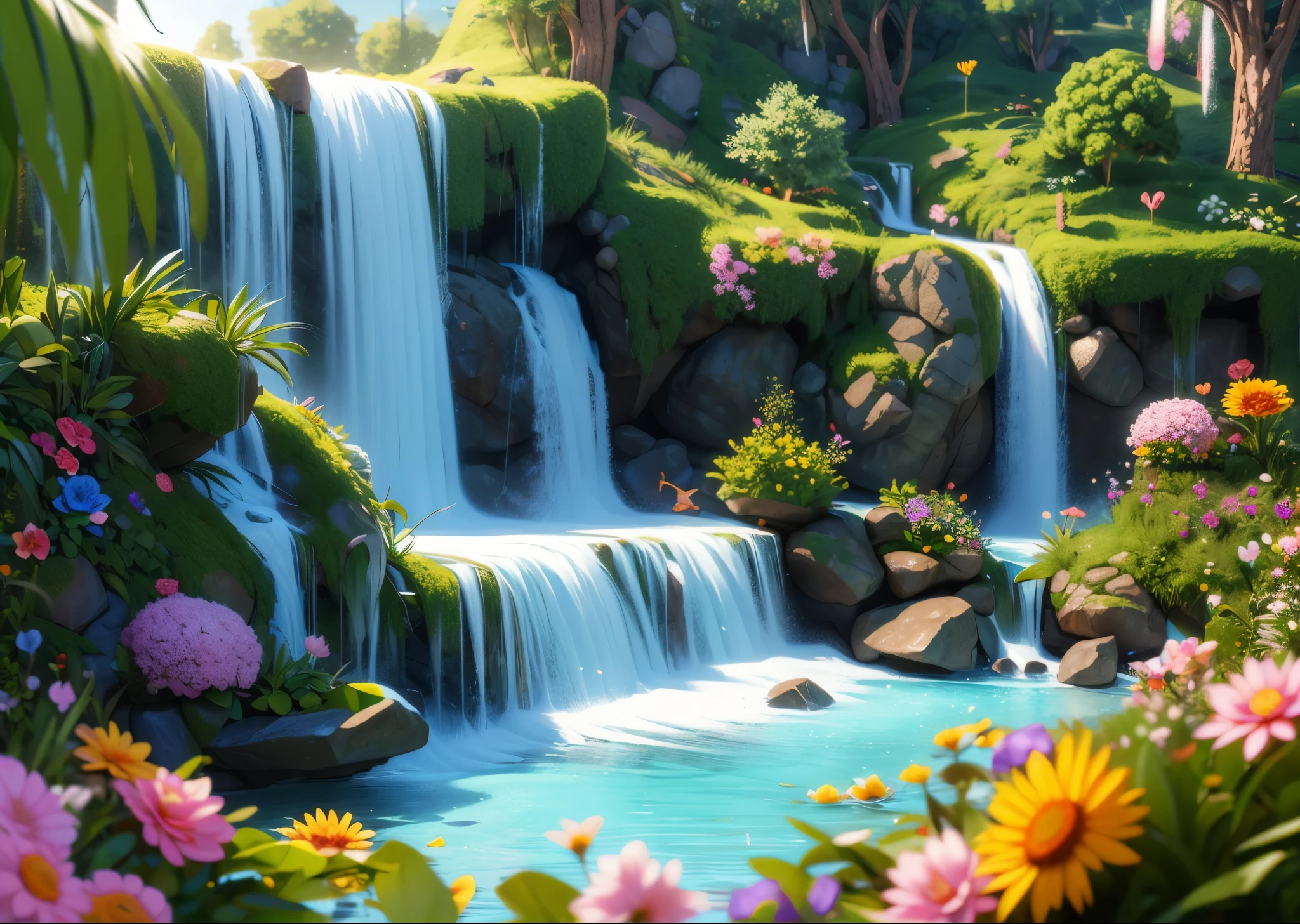 masterpiece, 最high quality, high quality, very detailed CG wallpaper unit 8k, landscape, outdoor, flower, cloud, Day, there are no humans, Plain color, landscape, colorful flowers, water, wood, waterfall, , nature, lake, river, Bokeh, Depth of the bounds written, HDR, flower, chromatic aberration, realistic, very detailed, art station trends, Trends in CG society, Complex, high detail, dramatic, art through travel