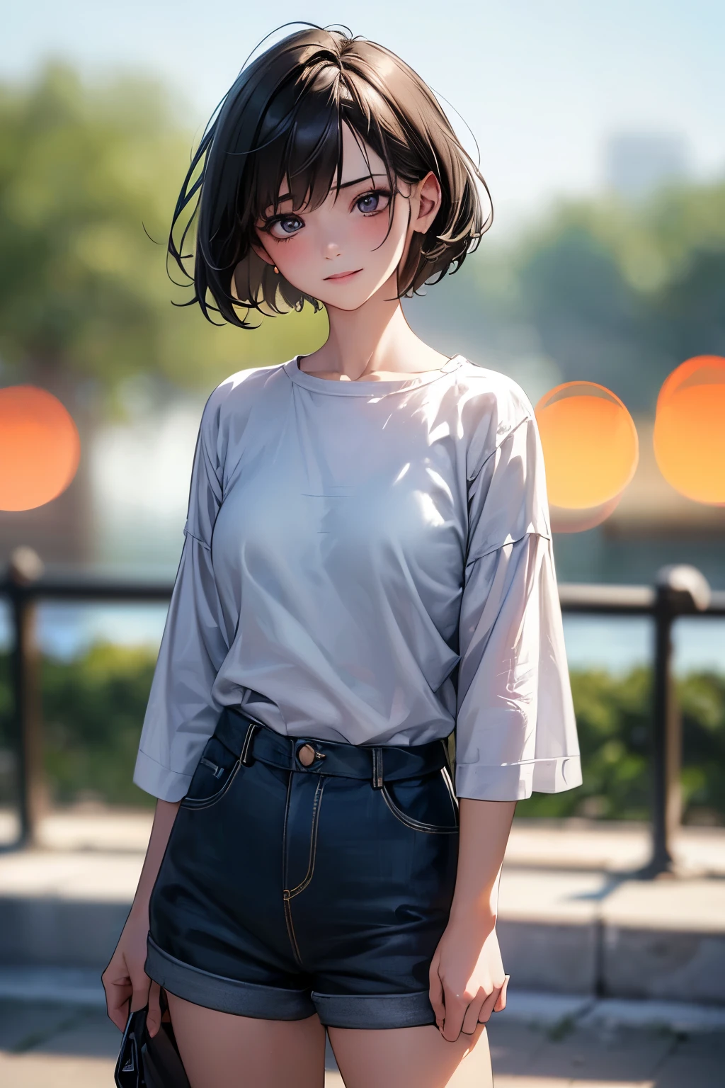 ((masterpiece, high quality)), Promide of a girl with short bob black hair, teen, casual style, innocent face, happy face, big black eyes, small nose, short hair, straight hair, masterpiece, The background is a refreshing blue sky, (((Bokeh))),Depth of the bounds written, ((8k, RAW photo, highest quality, masterpiece), Professional photos with high-definition RAW color photos, (realistic, photorealism:1. 37), (highest quality), (best shadow), (Best Illustration), ultra high resolution, High-definition CG integrated 8K wallpaper, Physically based rendering, cinematic lighting),