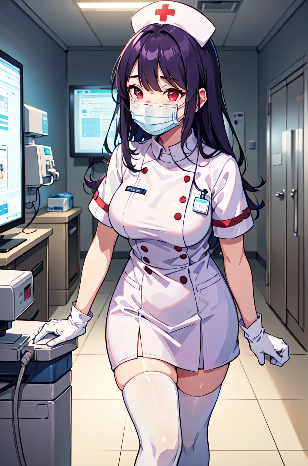 1woman, solo, nurse, white nurse cap, white nurse uniform, ((white legwear, zettai ryouiki)), white gloves, long hair, purple hair, red eyes, ((white surgical mask, covered nose)), standing, ((hospital room)), sharp outline, short sleeves, mature female, 35 years old, best quality, masterpiece