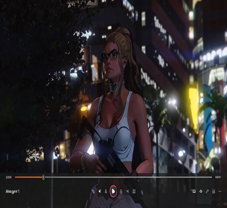 there is a woman that is standing in the street at night, margot robbie in gta v, 2020 video game screenshot, ariana grande in gta v, ps5 cinematic screen capture, video game screenshot>, cinematic screenshot gta 5, ps 4 in - game cinematic, action scene screenshot, cutscene footage, cinematic front shot, high definition screenshot