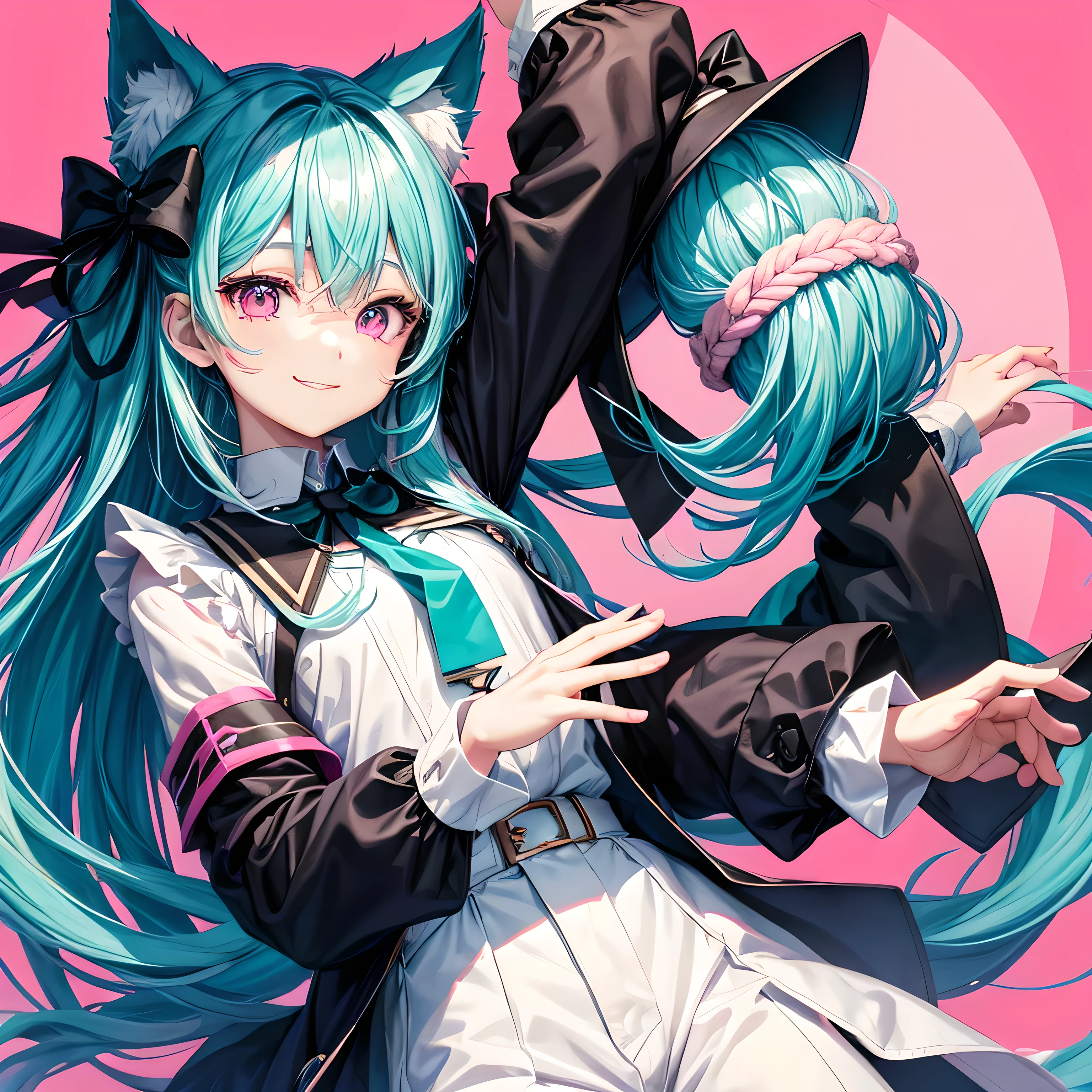 Two-dimensional beautiful youth、long hair、bright teal and pink hair、pink eyes、black cat ears、Boy character、positive、pure white background、Clothes: white blouse, black jacket and black pants、No pose 、positive、1 person、Smile