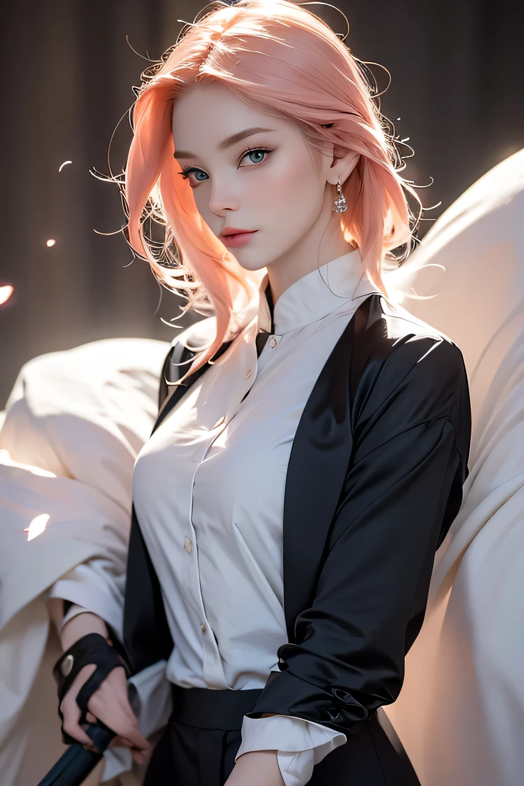 (best quality,4k,highres:1.2),ultra-detailed,(realistic:1.37) portrait,traditional oil painting pink-haired woman with vibrant green eyes, wearing a sleek black suit, striking a powerful and imposing pose, holding a weapon in her hand, the leader of the mafia, sharp and piercing gaze, surrounded by falling sakura petals, elegant and atmospheric lighting, with a touch of mystery and danger. Full body