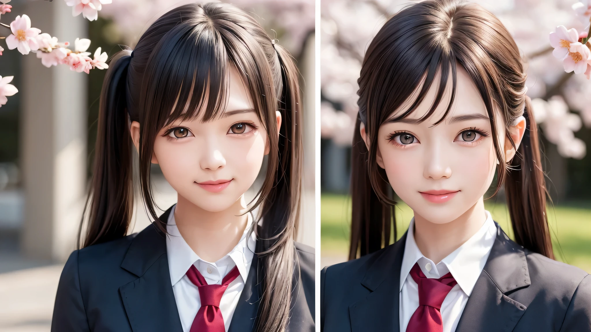 twin tails, (1girl), cute smile, brown eyes, (highly detailed Beautiful face), (high school uniform:1.2), (Best Quality), (extremely detailed CG unified 8k wallpaper), Highly detailed, High-definition raw color photos, Professional Photography, Realistic portrait, evening, Extremely high resolution, smiling, cherry blossoms,