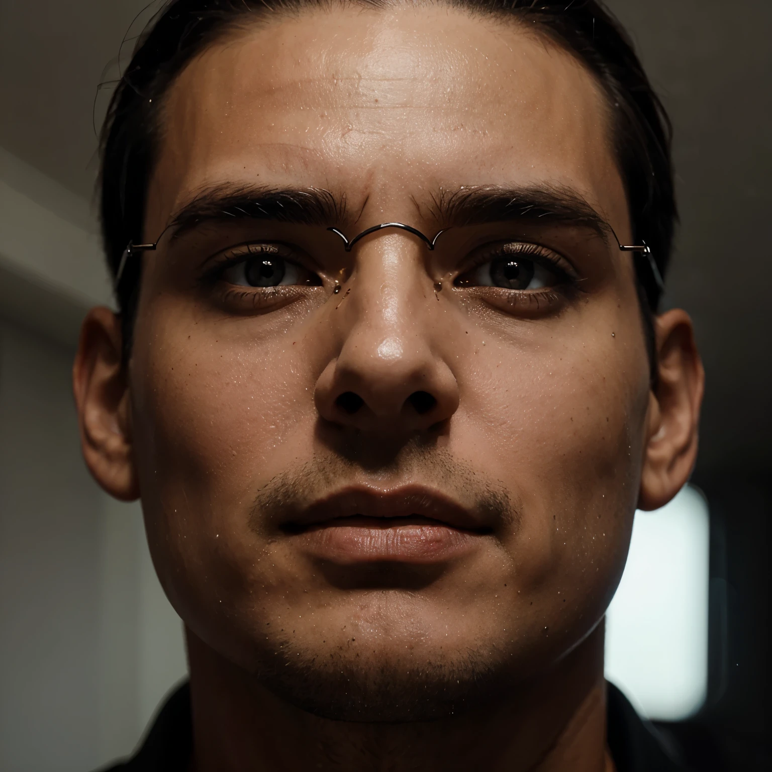 Homem, 50 anos, careca, oculos preto, rosto oval, olhos pretos