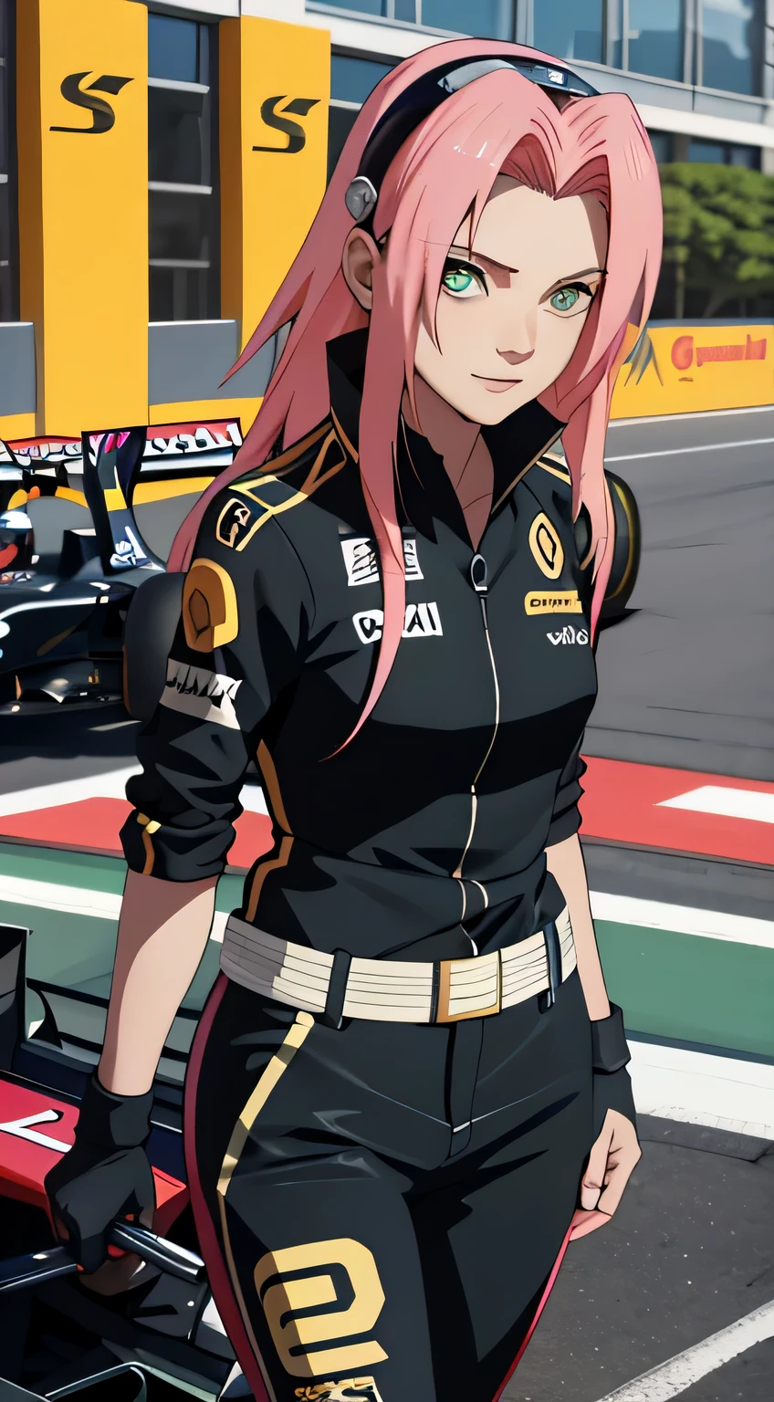 tmasterpiece, Best quality at best, 1girll, Sakura Haruno,Raised sexy,is shy,ssmile,with pink hair, long whitr hair, (Green eyeballs:1.4), orehead protection, Pole Position, standing next to race car, anime style, bright colors, dynamic lighting, shiny finish, attention to detail, wearing full yellow renault f1 suit, in behind full yellow f1 car, exciting atmosphere, vivid expressions