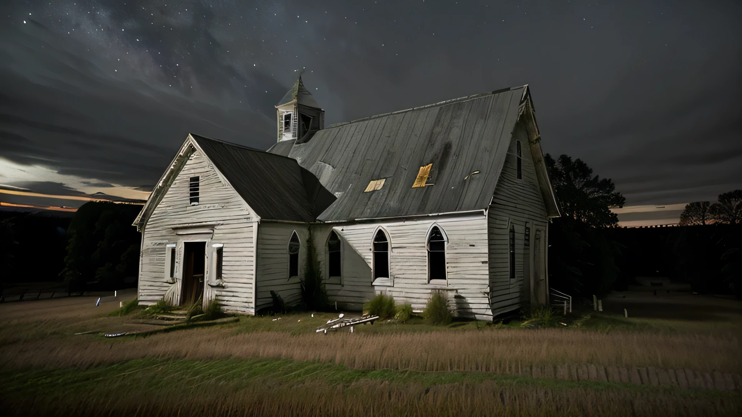 andrew wythe style, very old neglected church, white wood siding, deteriorated, out in a field, graveyard, night time