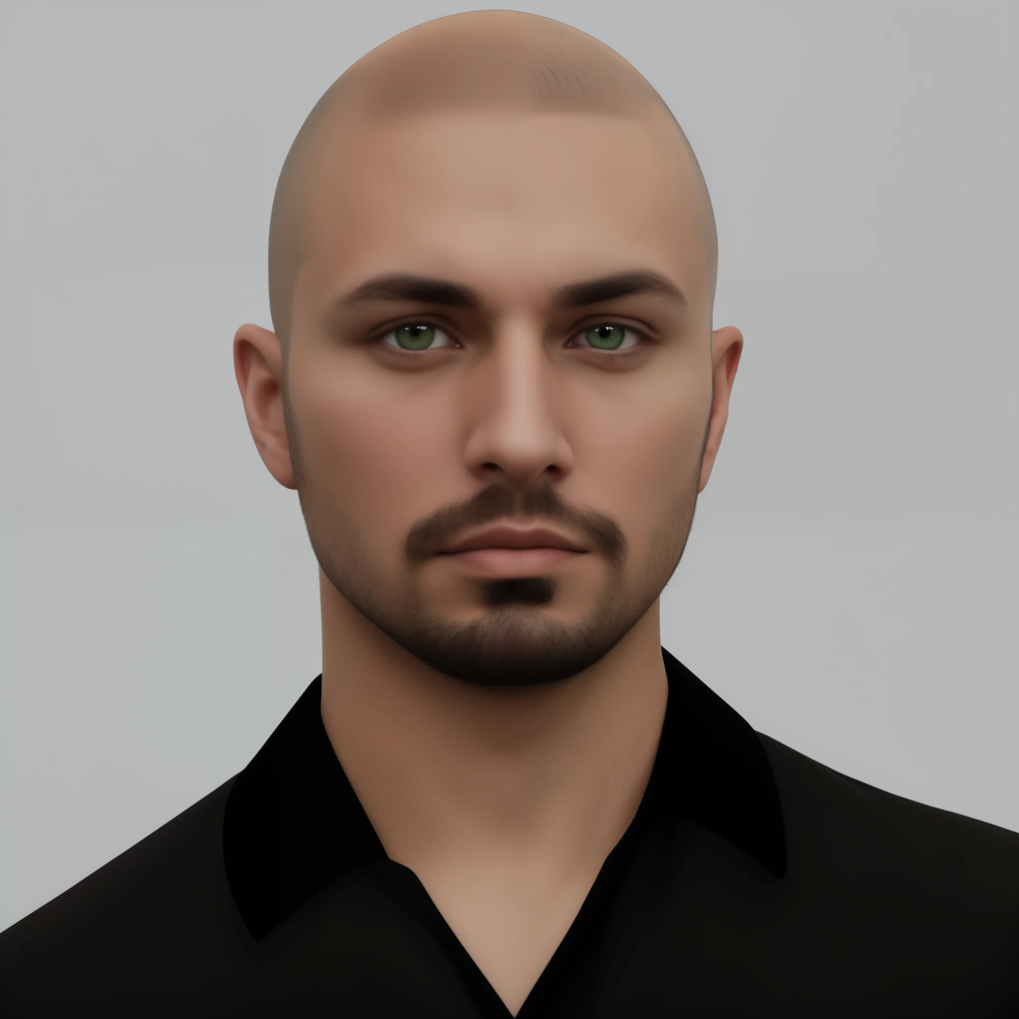 portrait of a man with shaved head, eyebrow slits, beard, green eyes, black shirt, young