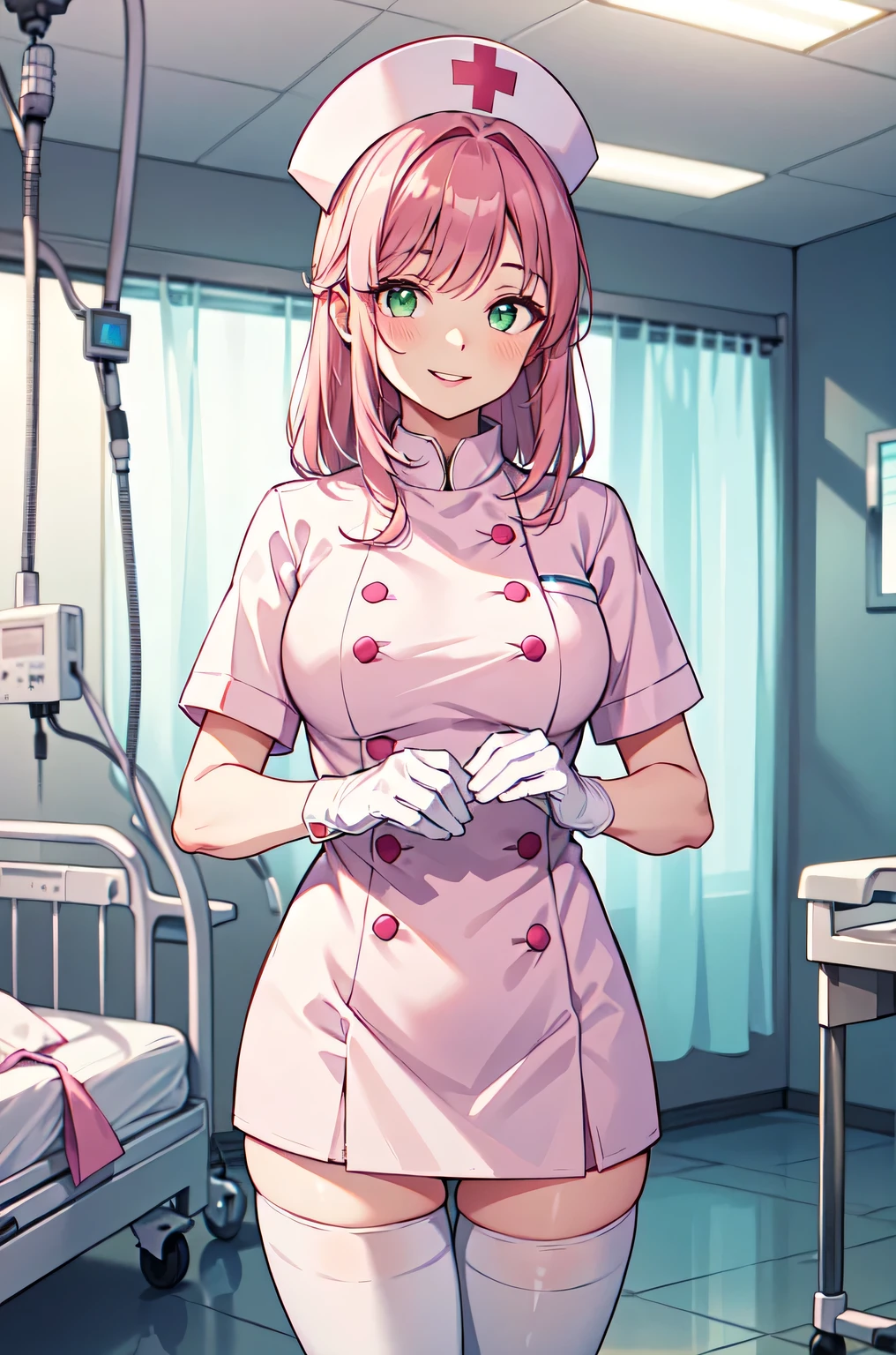1woman, solo, nurse, white nurse cap, white nurse uniform, ((white legwear, zettai ryouiki)), white gloves, pink hair, green eyes, drooping eyes, pink lips, smile, standing, ((hospital room)), sharp outline, short sleeves, mature female, 32 years old, best quality, masterpiece
