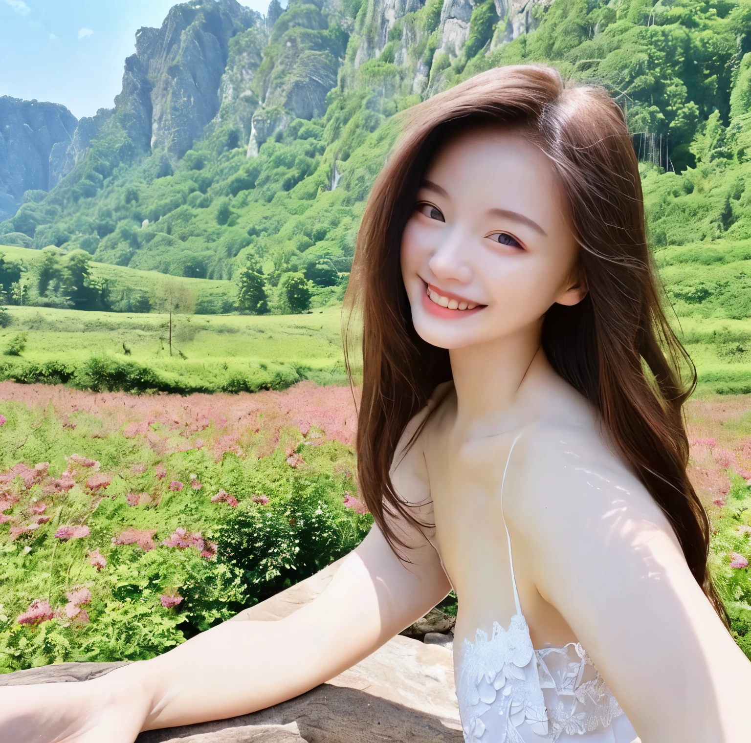 Female (25 years old), beautiful, kind, elegant, cheerful, smiles, wears pretty sexy clothes (but not that sexy), very good nature (but cool), with a very natural background, Beautiful face with very natural skin