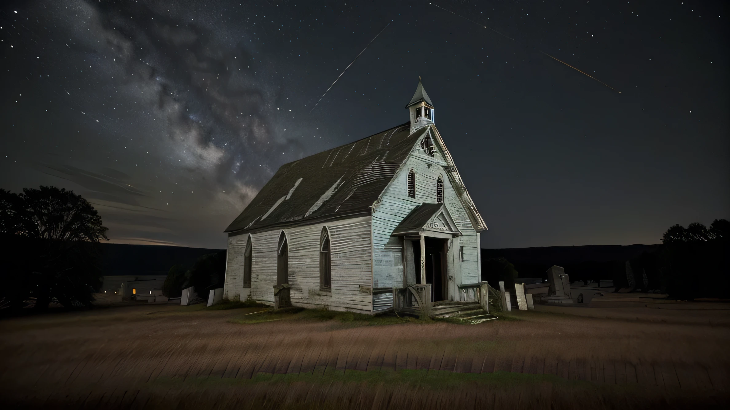 andrew wythe style, very old neglected church, white wood siding, deteriorated, out in a field, graveyard, night time