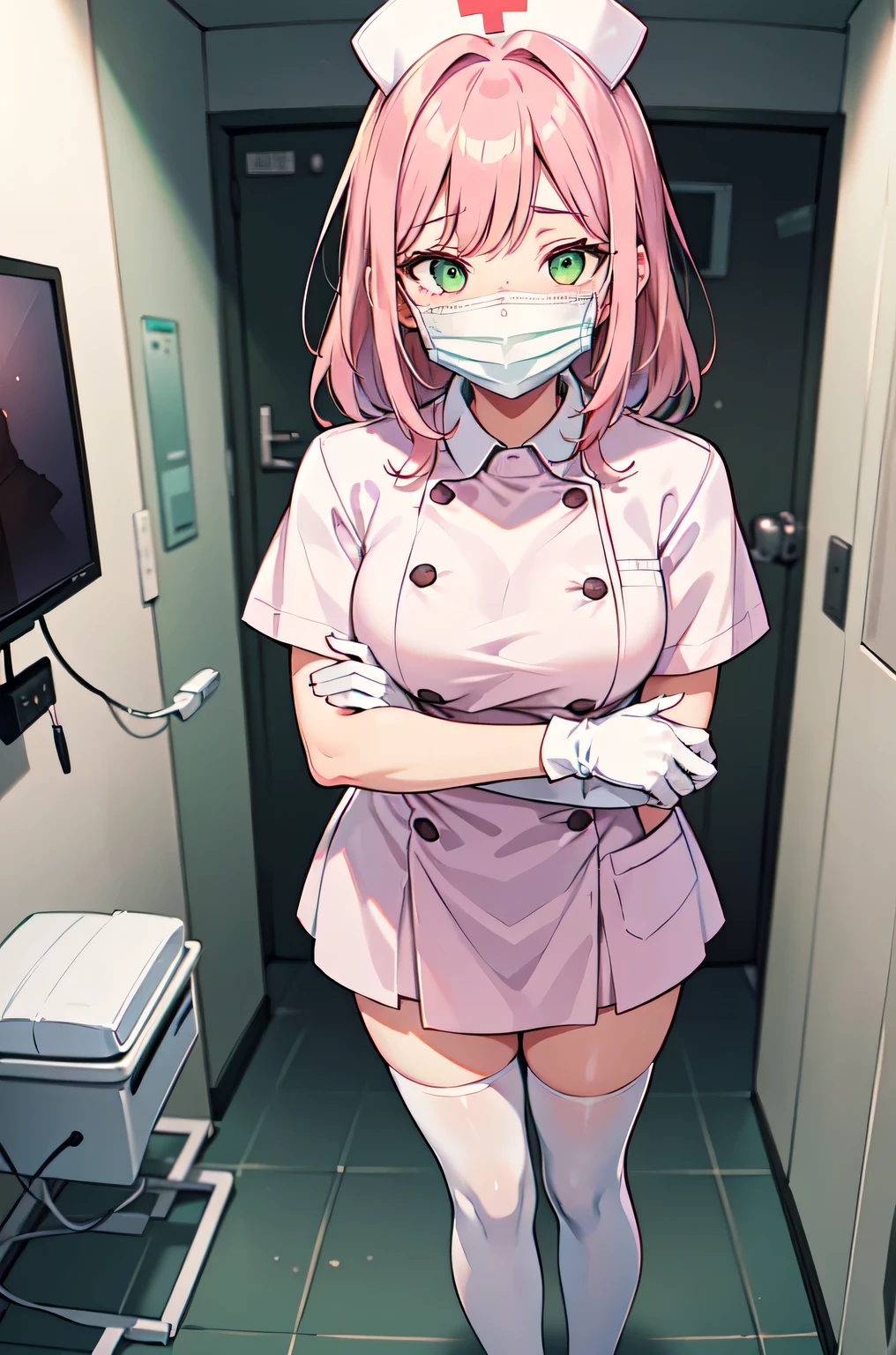 1woman, solo, nurse, white nurse cap, white nurse uniform, ((white legwear, zettai ryouiki)), white gloves, pink hair, green eyes, drooping eyes, ((white surgical mask, covered nose)), standing, ((hospital room)), sharp outline, short sleeves, mature female, 32 years old, best quality, masterpiece