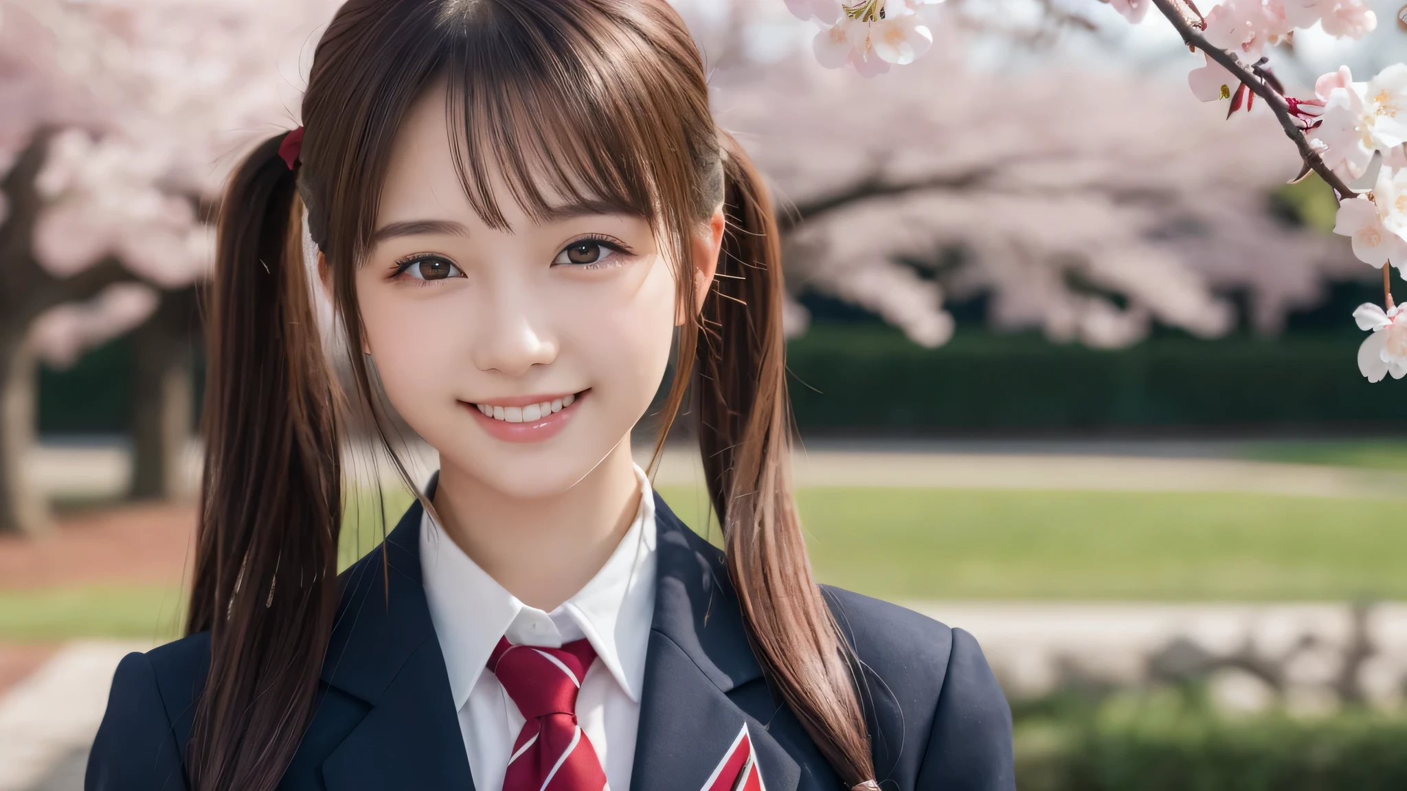(1girl), twintails, cute smile, brown eyes, (highly detailed Beautiful face), (high school uniform:1.2), (Best Quality), (extremely detailed CG unified 8k wallpaper), Highly detailed, High-definition raw color photos, Professional Photography, Realistic portrait, evening, Extremely high resolution, smiling, cherry blossoms,