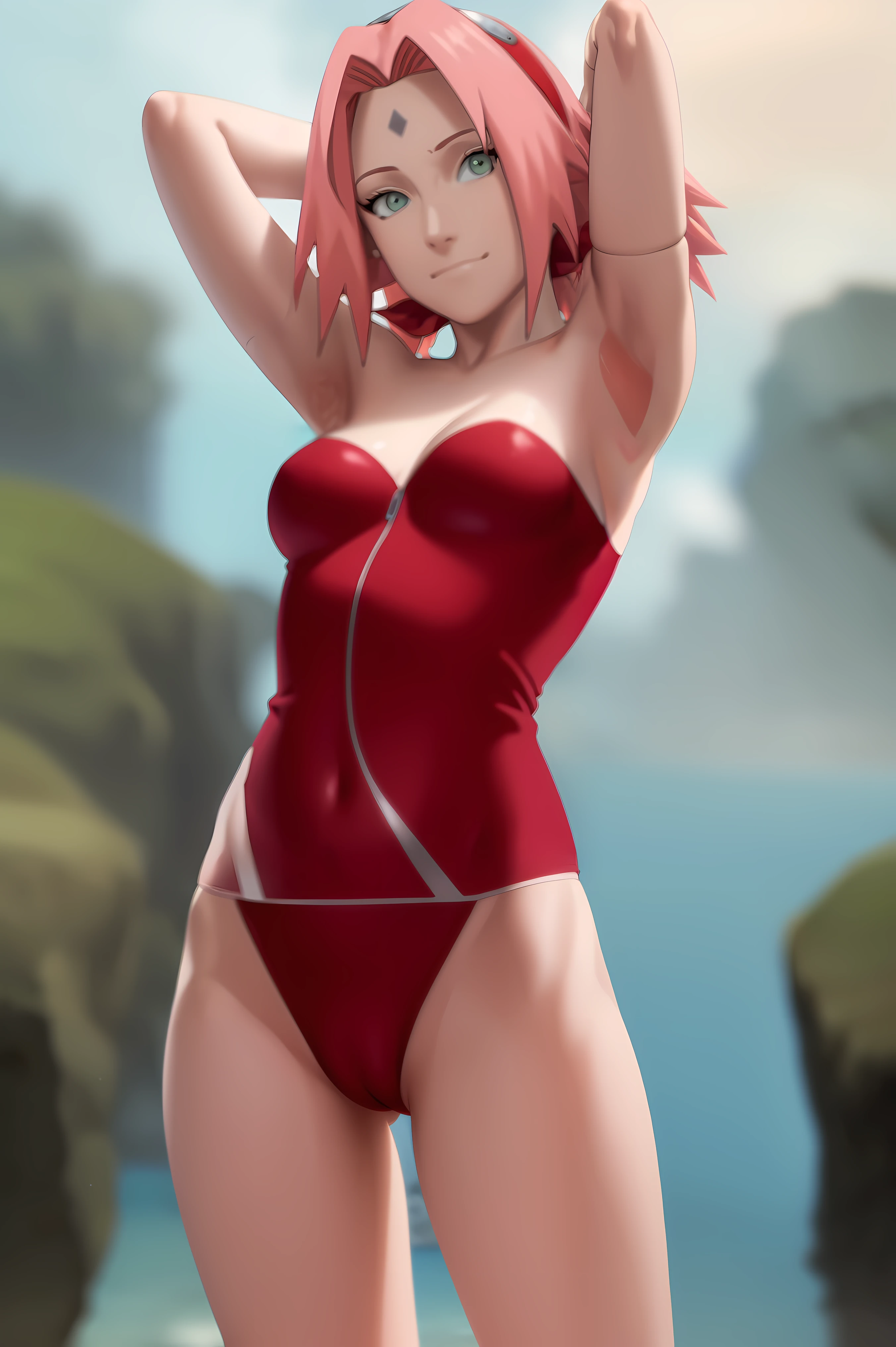 (masterpiece:1.2), (best quality:1.2), beautiful, high quality, (highres:1.1), detailed, extremely detailed 4K, perfect eyes, perfect face, perfect lighting, (1girl, solo, adult female, mature female), sakura shippuden, forehead mark, pink hair, green eyes, 
(((Wearing Red Lingerie, Hands Behind The Head, Armpits))), tropical, beach background, sexy pose, standing, smirk, skindentation, muscular, [abs], (cameltoe:1.1), thigh gap, strapless, (shiny), ultra HD, High Resolution, 8K 