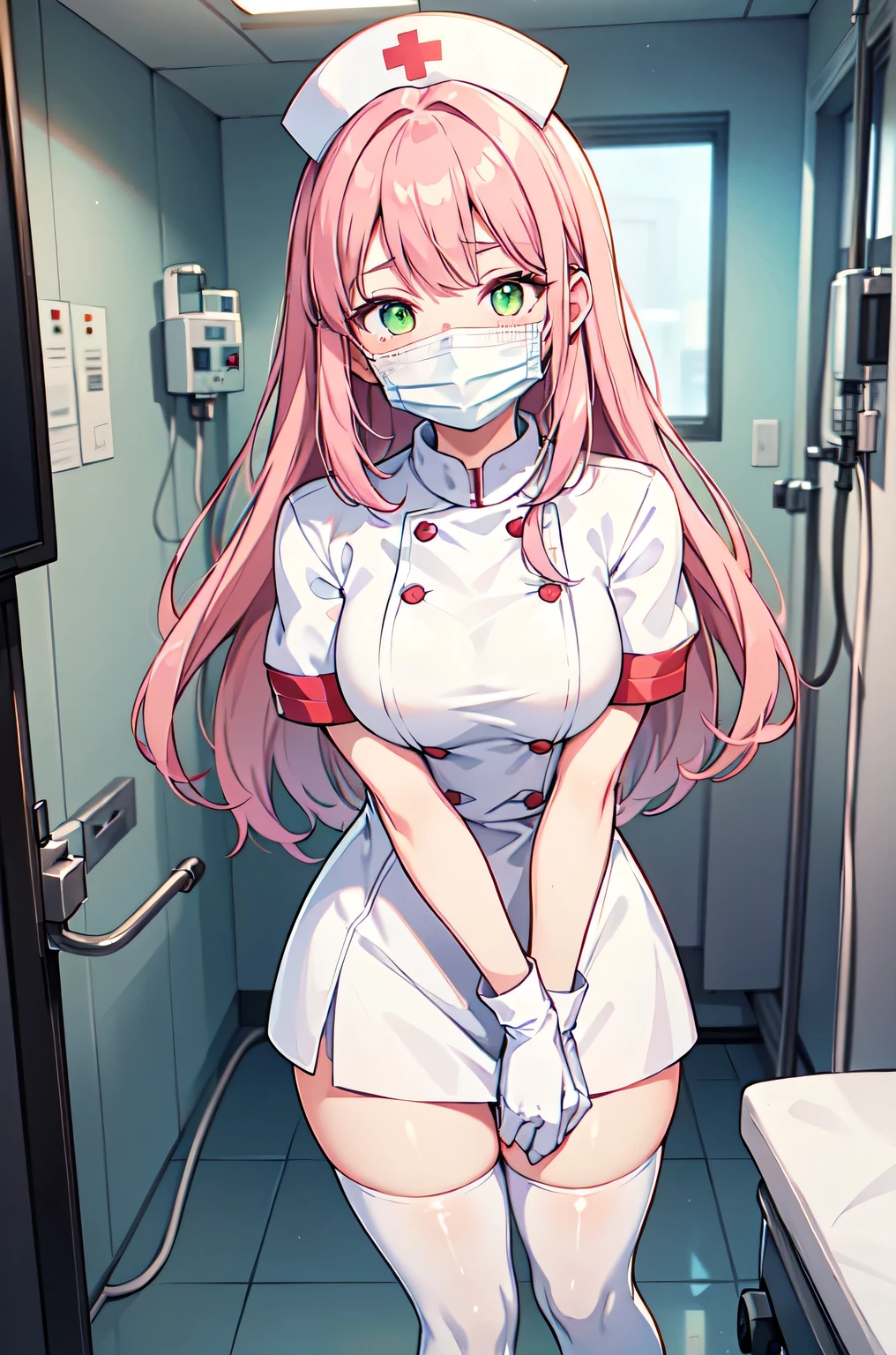 1woman, solo, nurse, white nurse cap, white nurse uniform, ((white legwear, zettai ryouiki)), white gloves, pink hair, green eyes, drooping eyes, ((white surgical mask, covered nose)), standing, ((hospital room)), sharp outline, short sleeves, mature female, 32 years old, best quality, masterpiece