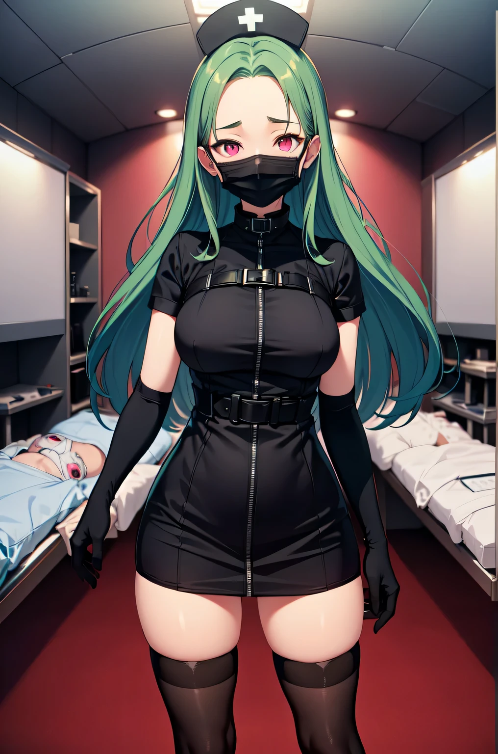 black nurse, 1woman, solo, black nurse cap, black nurse uniform, ((black legwear, zettai ryouiki)), black elbow gloves, forehead, long hair, green hair, pink eyes, ((black surgical mask, covered nose)), standing, ((surgery room)), sharp outline, short sleeves, mature female, 35 years old, best quality, masterpiece
