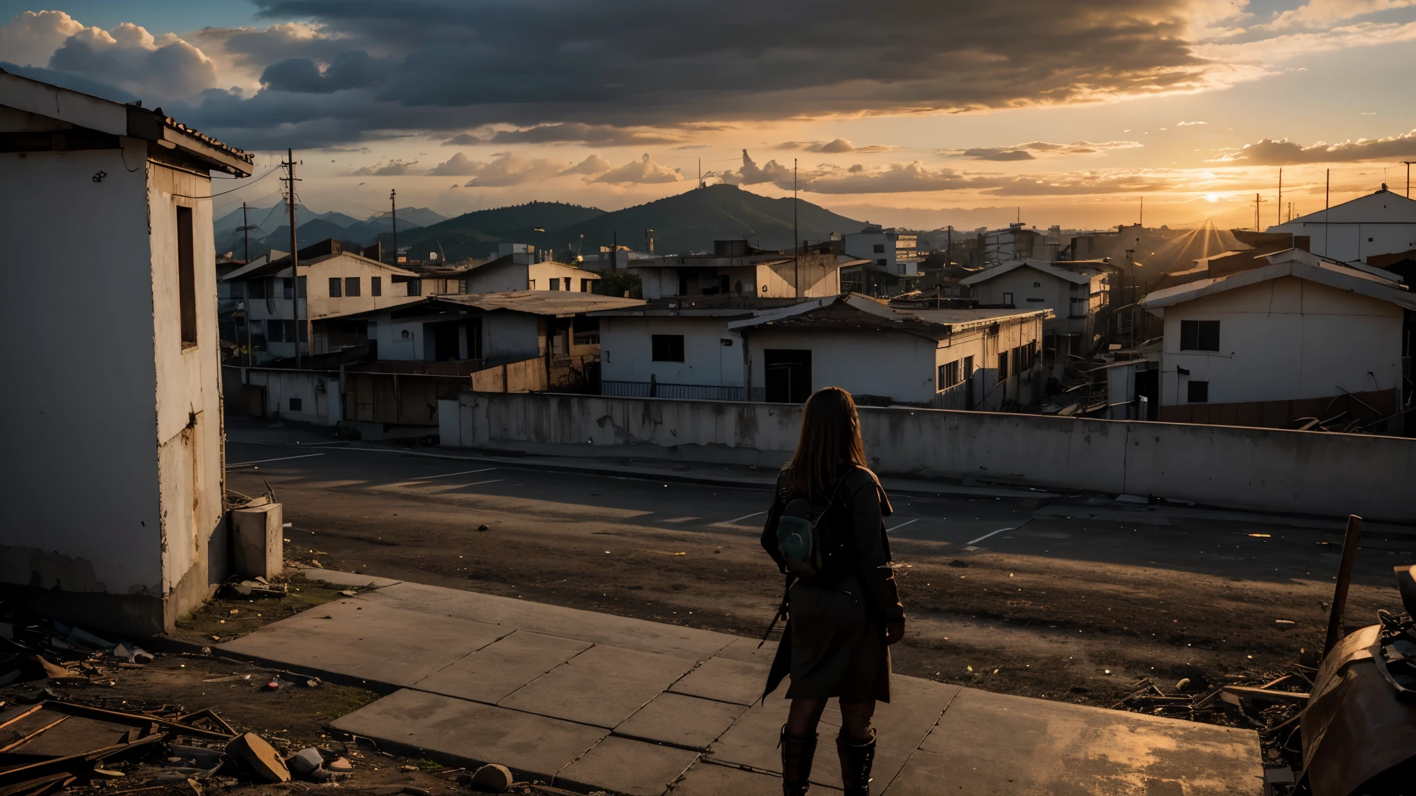 2 Afro-descendant girl, passing in the middle, of armed traffickers, to climb the stairs, Brazilian favela, vanishing point, from behind, from below, atmospheric perspective, masterpiece, super detail, high details, high quality, best quality, highres.