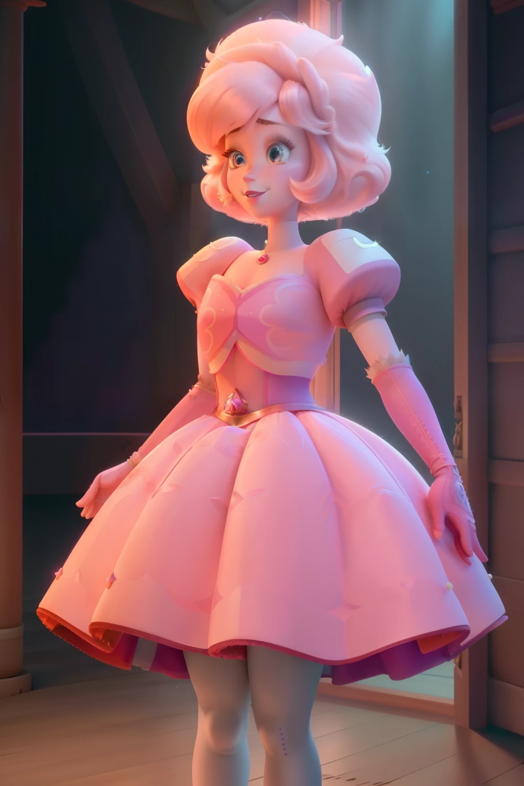 pnkdamond, pink hair, pink eyes, big hair, stomach gem, pink skin, toned,
puffy short sleeves, elbow gloves , white thighhighs, puffy dress,
standing, upper body,
outerspace,
(insanely detailed, beautiful detailed face,beautiful detailed eyes, masterpiece, best quality) cinematic lighting, smile,
