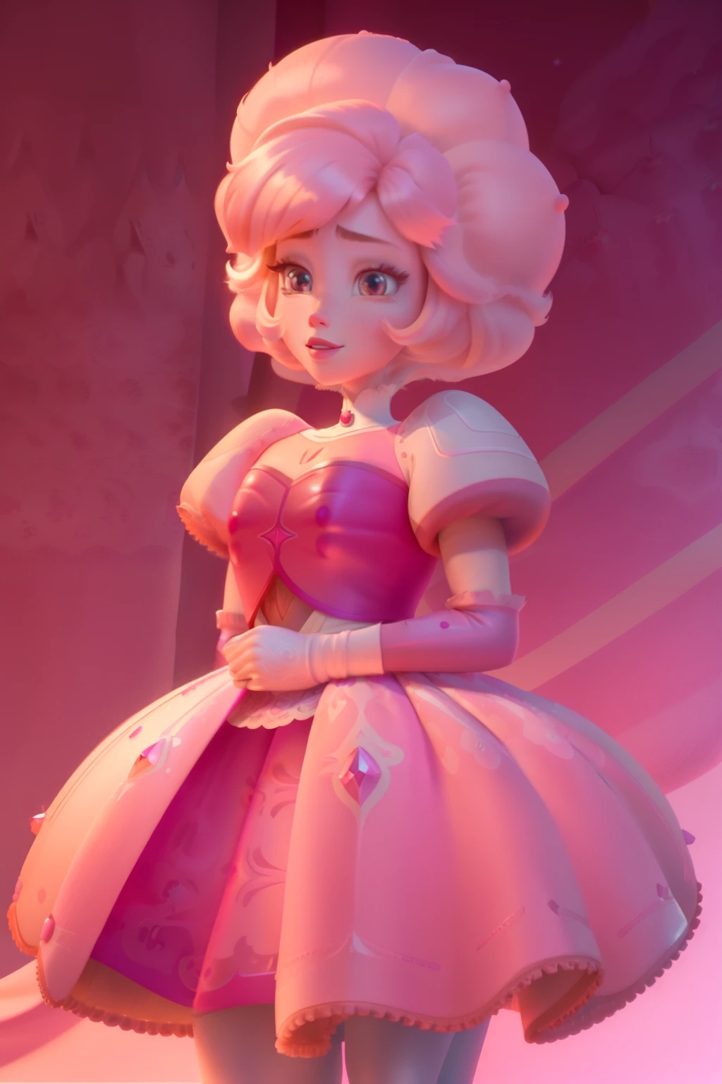 pnkdamond, pink hair, pink eyes, big hair, stomach gem, pink skin, toned,
puffy short sleeves, elbow gloves , white thighhighs, puffy dress,
standing, upper body,
outerspace,
(insanely detailed, beautiful detailed face,beautiful detailed eyes, masterpiece, best quality) cinematic lighting, smile,