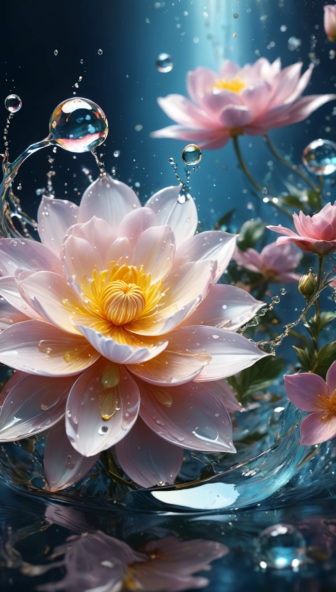 (((intricate detail:1.4))), (((extremely insane detail:1.4))),(((highest quality:1.3))), (((Soft colors 4k highly detailed digital art:1.3))). | Close up of delicate splash of water that forming into magical flower, as splash of water reflect light, each splash detailed and rendered with a masterful gouache technique,surrounded by mysterious atmosphere of light and shadow art, splash of water everywhere, great environment, subtly illuminate,fantasy art behance,surreal, its beauty and strength captured,It gives a majestic aura.