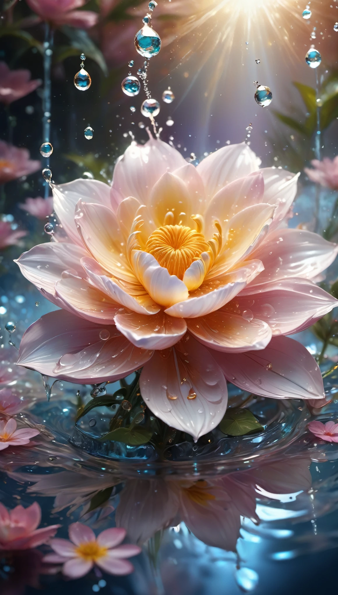 (((intricate detail:1.4))), (((extremely insane detail:1.4))),(((highest quality:1.3))), (((Soft colors 4k highly detailed digital art:1.3))). | Close up of delicate splash of water that forming into magical flower, as splash of water reflect light, each splash detailed and rendered with a masterful gouache technique,surrounded by mysterious atmosphere of light and shadow art, splash of water everywhere, great environment, subtly illuminate,fantasy art behance,surreal, its beauty and strength captured,It gives a majestic aura.