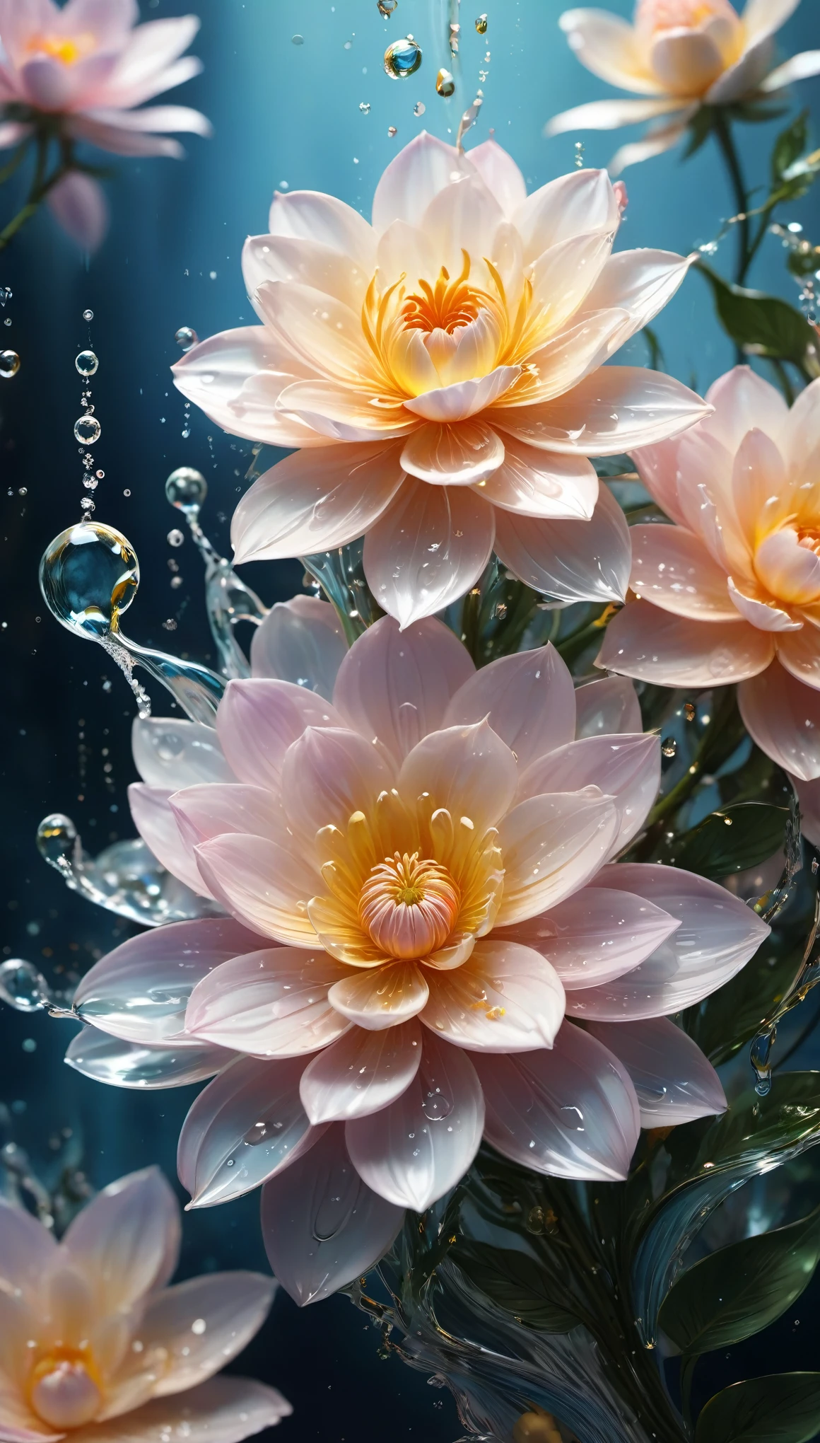 (((intricate detail:1.4))), (((extremely insane detail:1.4))),(((highest quality:1.3))), (((Soft colors 4k highly detailed digital art:1.3))). | Close up of delicate splash of water that forming into magical flower, as splash of water reflect light, each splash detailed and rendered with a masterful gouache technique,surrounded by mysterious atmosphere of light and shadow art, splash of water everywhere, great environment, subtly illuminate,fantasy art behance,surreal, its beauty and strength captured,It gives a majestic aura.