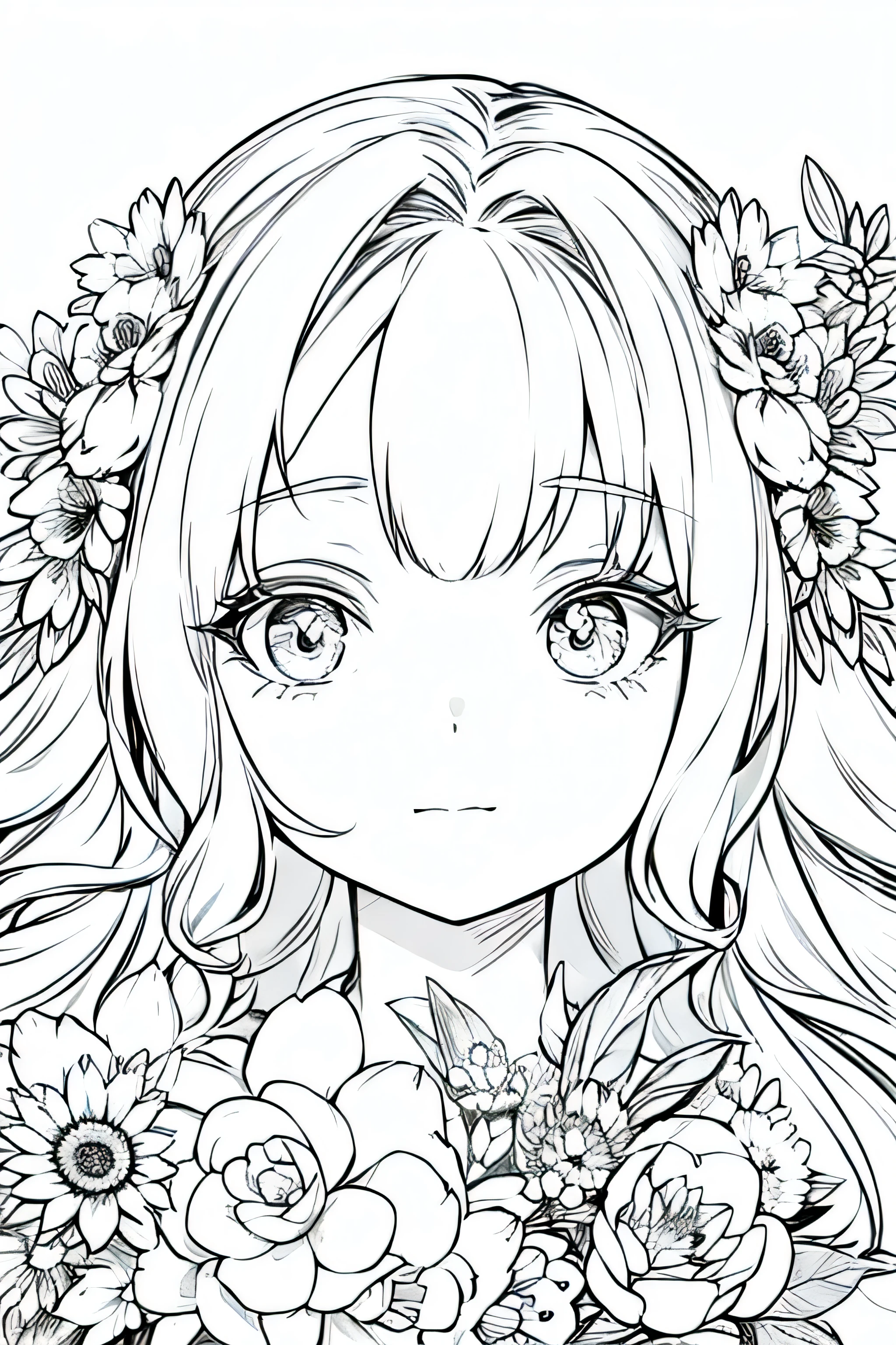 Detail face, ((Perfect details)), Cold light, ((Data in eyes)), ((Data embellishment hair)), Line drawing, Monochrome, Line drawing cute baby, white hair, flower line drawing background