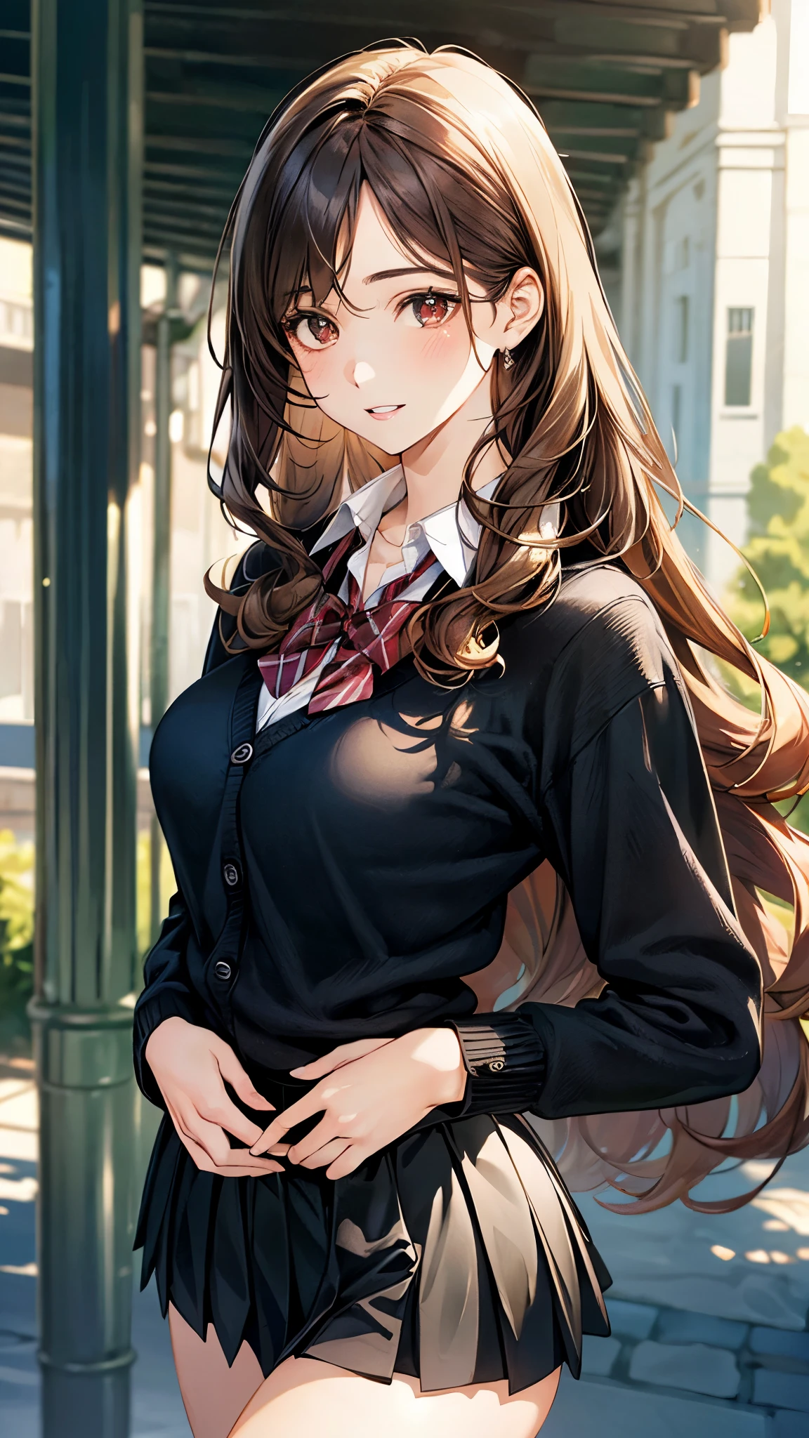 (masterpiece:1.2, top-quality), (realistic, photorealistic:1.4), beautiful illustration, (natural side lighting, movie lighting), ,
looking at viewer, 1 girl, , high school girl, perfect face, cute and symmetrical face, shiny skin,
(short hair:1.5, curly hair:1.5, ((very long back hair)), light brown hair), crossed bangs, brown eyes, big eyes, slant eyes, long eye lasher, (large breasts, curvy waist, big ass), glamour,
beautiful hair, beautiful face, beautiful detailed eyes, beautiful clavicle, beautiful body, beautiful chest, beautiful thigh, beautiful legs, beautiful fingers,
((overly long sleeve black cardigan, white collared shirts, black pleated mini skirt), dark red bow tie),
(beautiful scenery), morning, (outdoors), walking, (lovely smile, upper eyes, parted lips),
