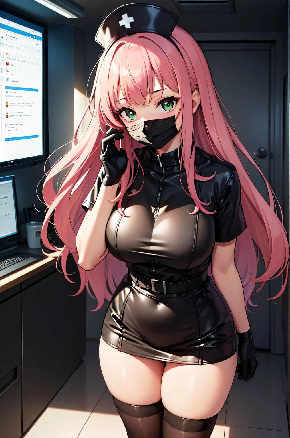 black nurse, 1woman, solo, black nurse cap, black nurse uniform, ((black legwear, zettai ryouiki)), black elbow gloves, pink hair, green eyes, drooping eyes, ((black surgical mask, covered nose)), standing, ((surgery room)), sharp outline, short sleeves, female, 32 years old, best quality, masterpiece
