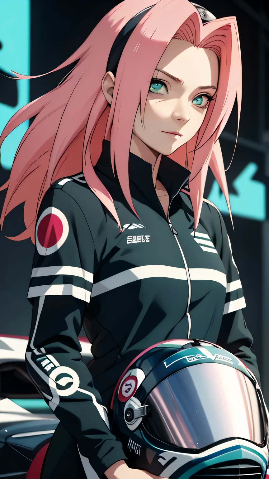 tmasterpiece， Best quality at best， 1girll， Sakura Haruno，Raised sexy，is shy，ssmile，with pink hair， long whitr hair， （Green eyeballs:1.4)， Forehead protection, Pole Position, standing inside of her race car, anime style, bright colors, dynamic lighting, shiny finish, attention to detail, wearing full black with teal line f1 suit, in behind full ailver with teal line f1 car, exciting atmosphere, race helmet on the car, vivid expressions