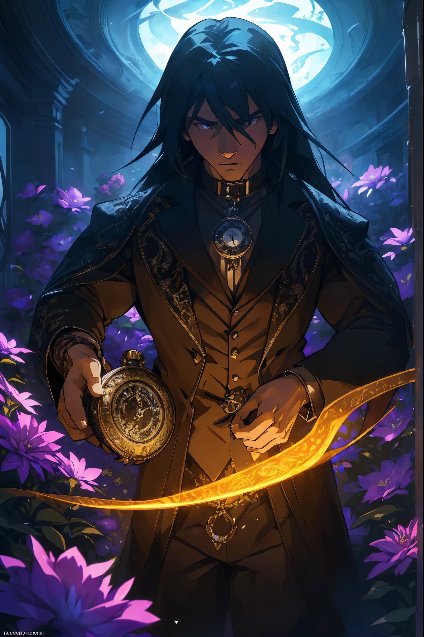 (best quality, high resolution, ultra-detailed, realistic: 1.37), silhouette of a man holding a striking pocket watch, surrounded by flowers, snakes and darkness, illustrative rendering, intricate details, mysterious atmosphere, vibrant colors, dynamic lighting , Gothic style