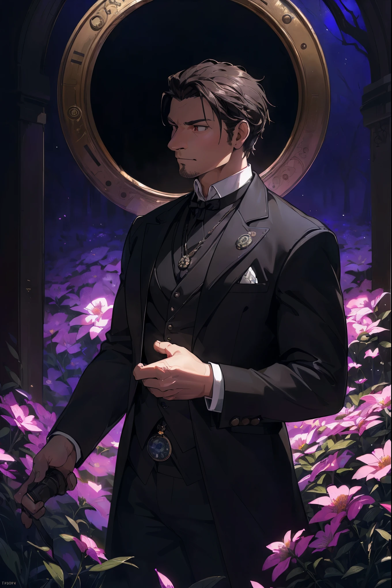 (best quality, high resolution, ultra-detailed, realistic: 1.37), silhouette of a man holding a striking pocket watch, surrounded by flowers, snakes and darkness, illustrative rendering, intricate details, mysterious atmosphere, vibrant colors, dynamic lighting , Gothic style