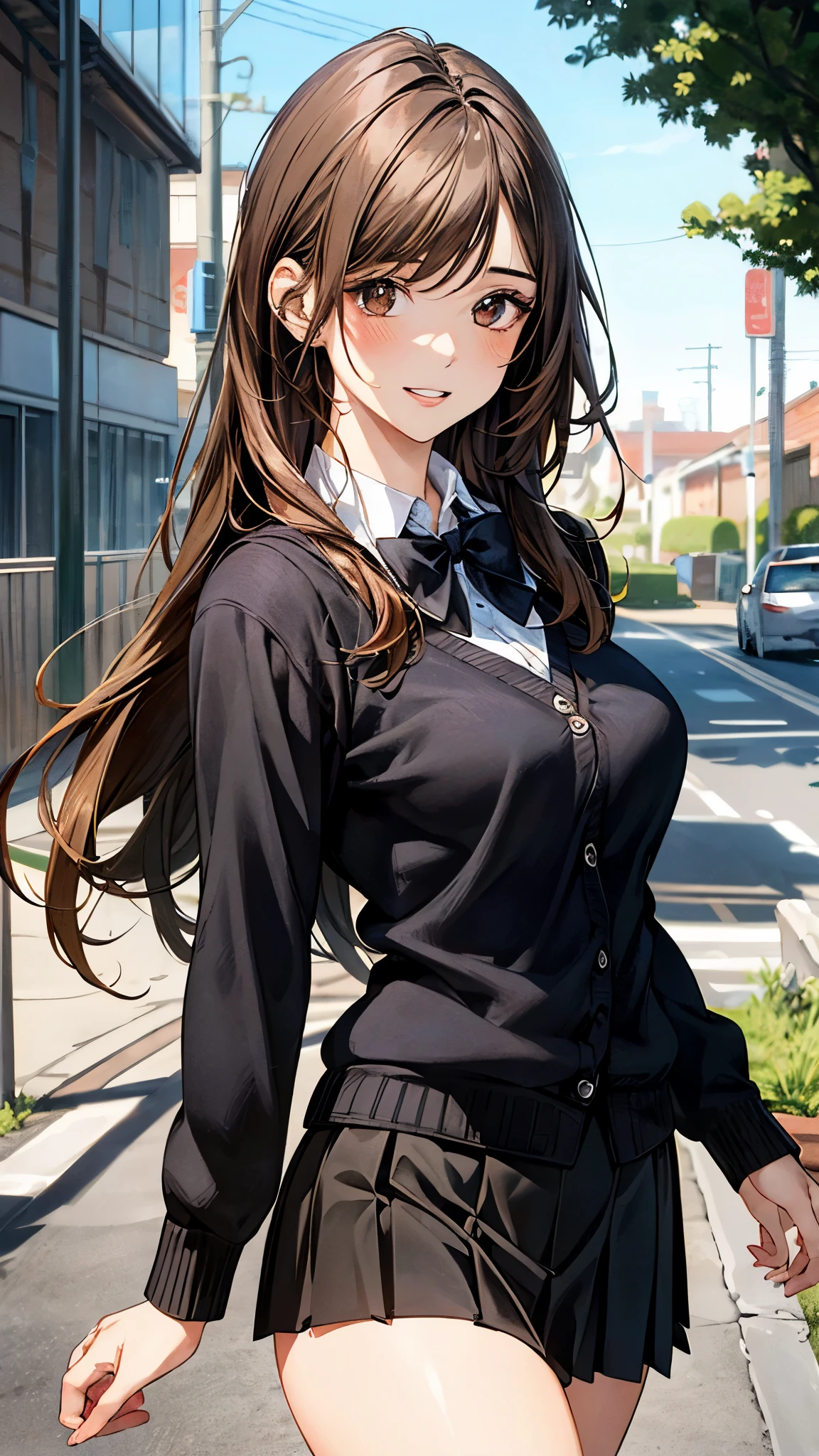 (masterpiece:1.2, top-quality), (realistic, photorealistic:1.4), beautiful illustration, (natural side lighting, movie lighting), , 
looking at viewer, 1 girl, , high school girl, perfect face, cute and symmetrical face, shiny skin, 
(long hair:1.5, hair intakes:1.5, light brown hair), crossed bangs, brown eyes, big eyes, slant eyes, long eye lasher, (large breasts, curvy waist, big ass), glamour, 
beautiful hair, beautiful face, beautiful detailed eyes, beautiful clavicle, beautiful body, beautiful chest, beautiful thigh, beautiful legs, beautiful fingers, 
((overly long sleeve black cardigan, white collared shirts, black pleated mini skirt), dark red bow tie), 
(beautiful scenery), morning, (outdoors), walking, (lovely smile, upper eyes, parted lips),