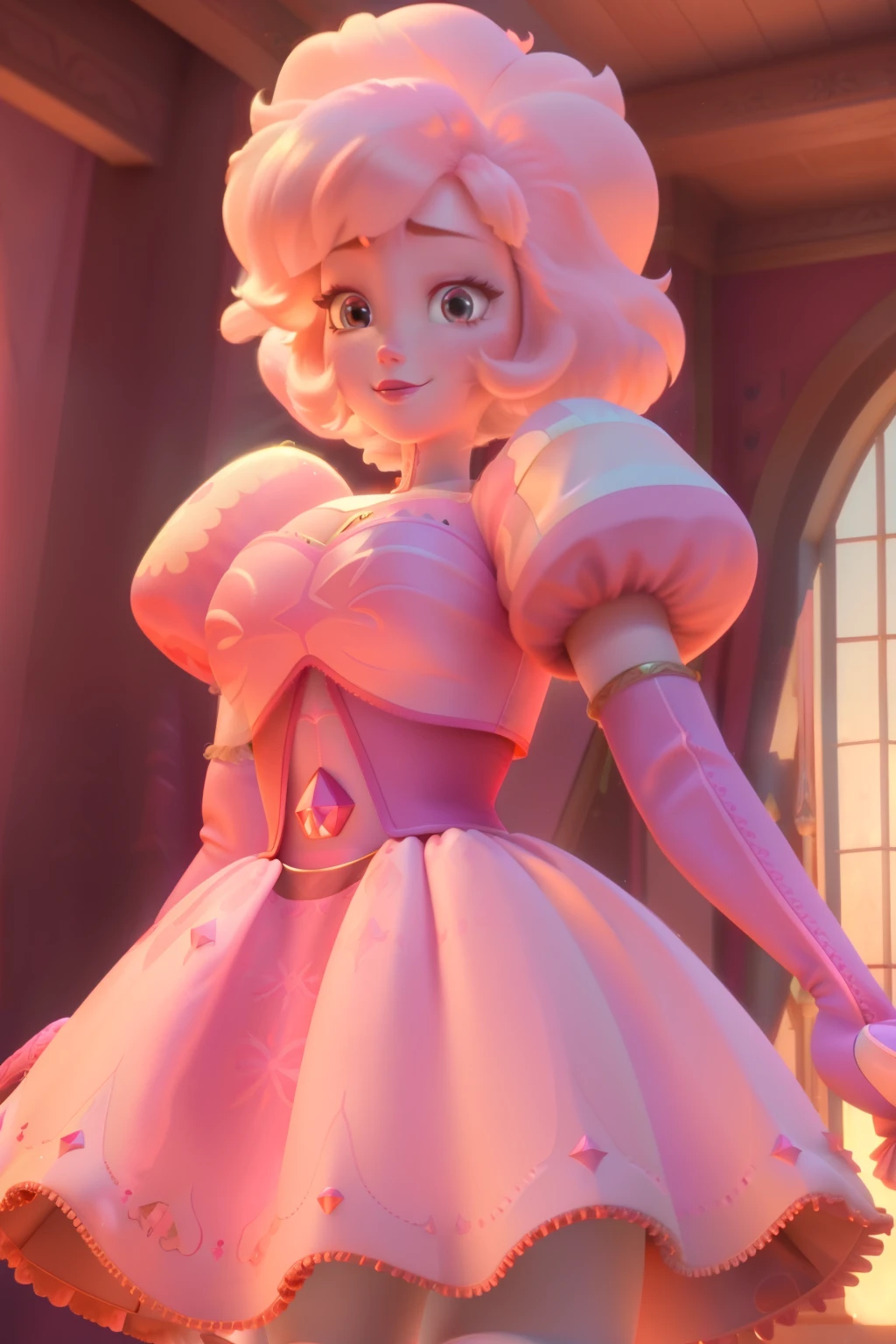 pnkdamond, pink hair, pink eyes,  big hair,  stomach gem,  pink skin,  toned, 
puffy short sleeves, elbow gloves ,  white thighhighs,   puffy dress, 
standing, upper body, 
 outerspace,  
(insanely detailed, beautiful detailed face,beautiful detailed eyes, masterpiece, best quality) cinematic lighting,  smile, 
 