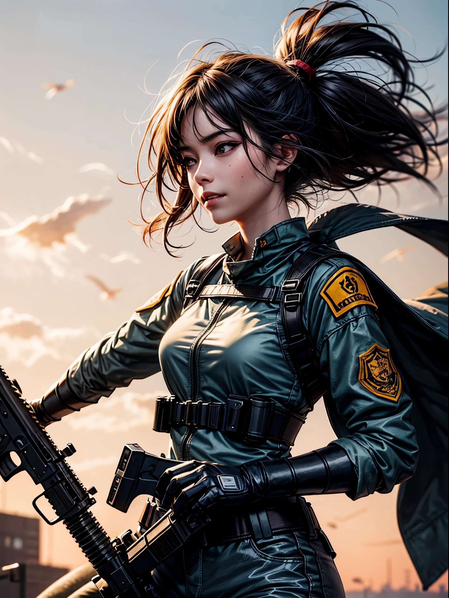 realistic:1.4), Background of South American cities after bombing、master part*portrait, realistic, 35 years old、uniform、female soldier、Asian Beauty、shortcut、hair blowing in the wind, mercenary、after the battle、 side, serious expression, look at the sky, 3d face, very detailed and bright eyes, shiny hair, bright and glowing skin, alone, bright smile、with an assault rifle